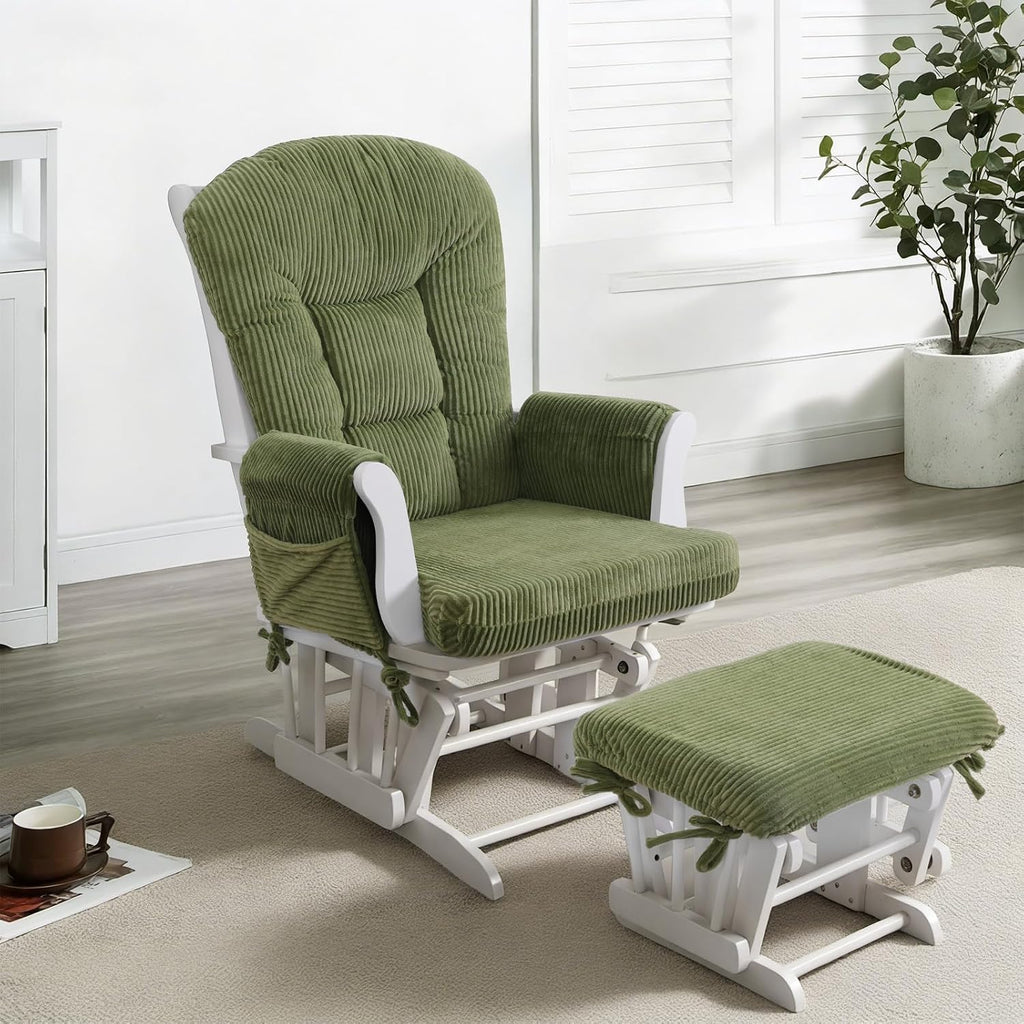 ANMINY 5pcs Glider Rocker Replacement Cushions Set - Thickened Fleece Glider Rocking Chair Cushions with 29.5 inch High Backrest & Side Pockets for Indoor Nursery, Washable & Non Slip, Green