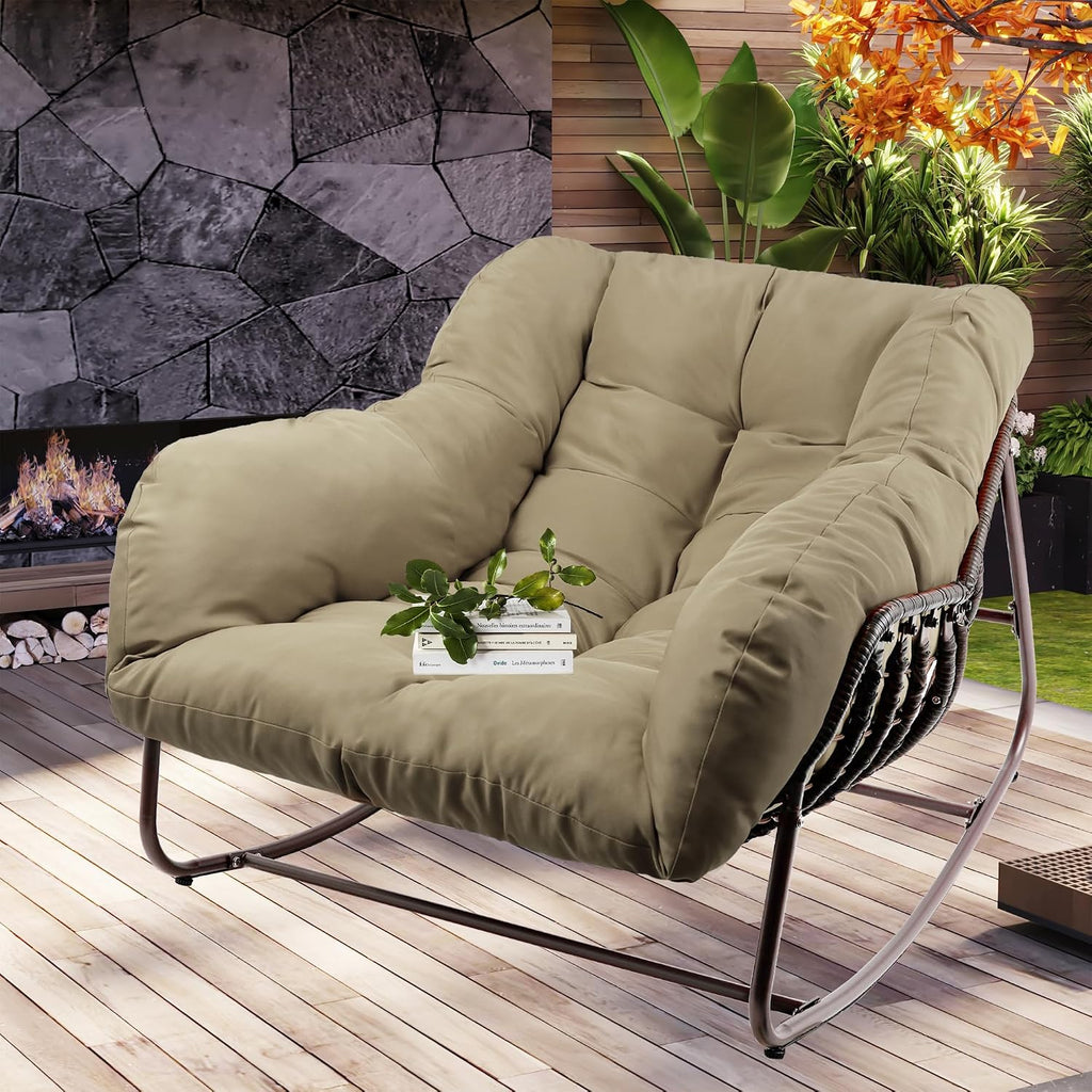 Outdoor Papasan Rocking Chair, Oversized Patio Rocking Chairs with Padded Cushion& Pillow-Comfortable Rocker Egg Chair for Front Porch, Garden, Patio, Backyard,2PC,Khaki