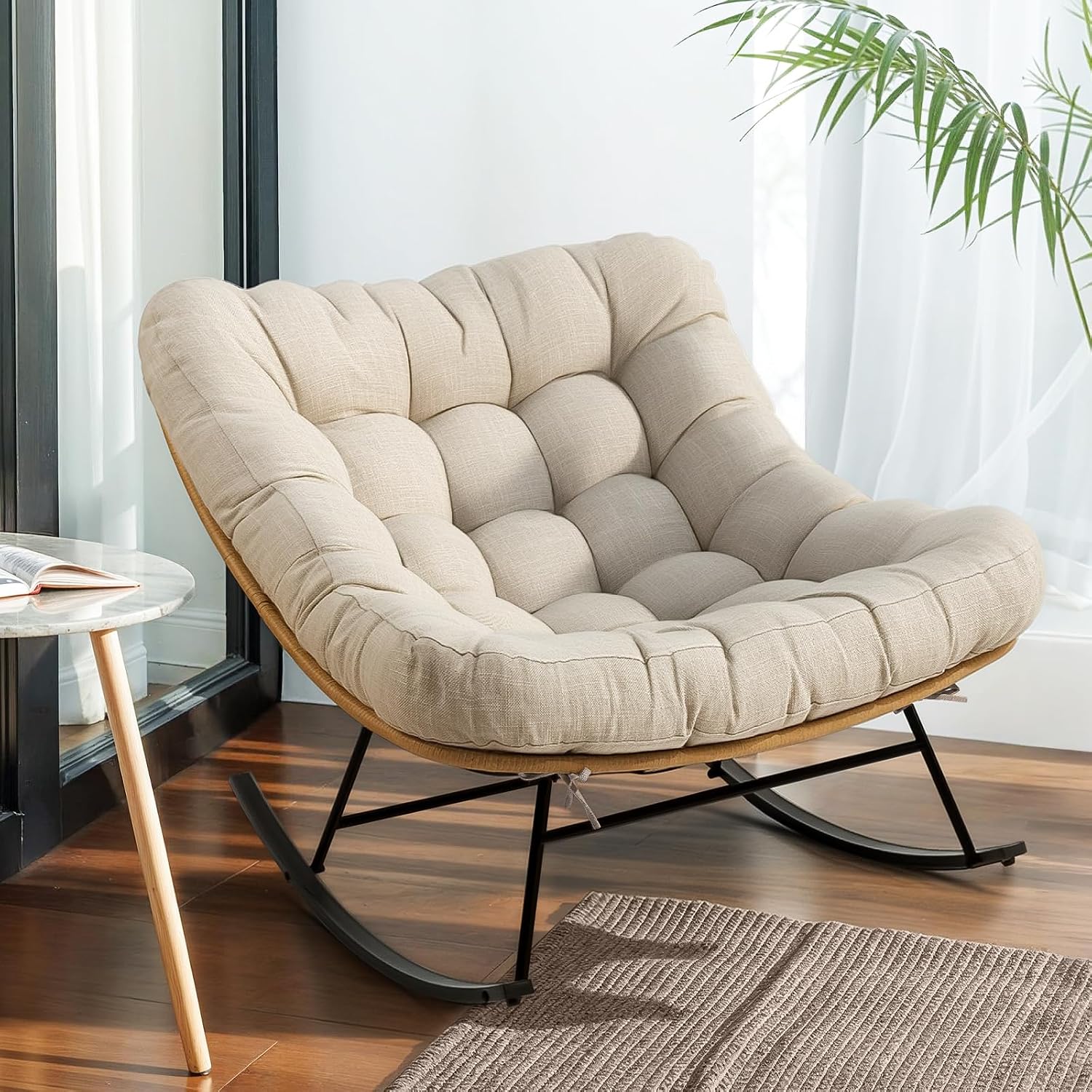 Bme Patio Rocking Chair Outdoor & Indoor, Metal Patio Lounge Rocking Chair with Thick Cushion, Comfy Modern Rocker Chair for Living Room, Porch, Backyard, Beige Cushion - Black Matte Rocker