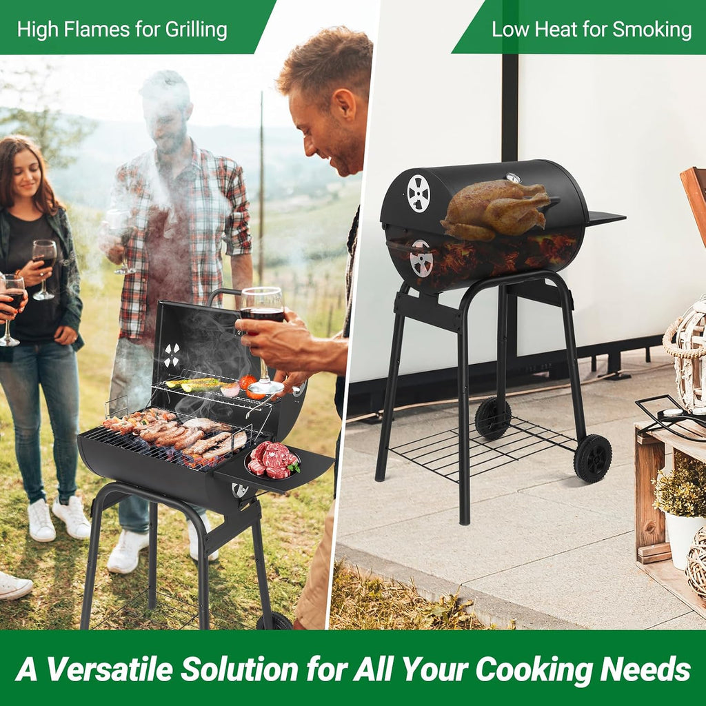 Charcoal BBQ Grill with Adjustable Charcoal Pan, Large Cooking Area, Air Dampers, Side Table, and Wheels, Portable Barbecue Grills for Outdoor Backyard, Camping, Patio Parties, and Picnics