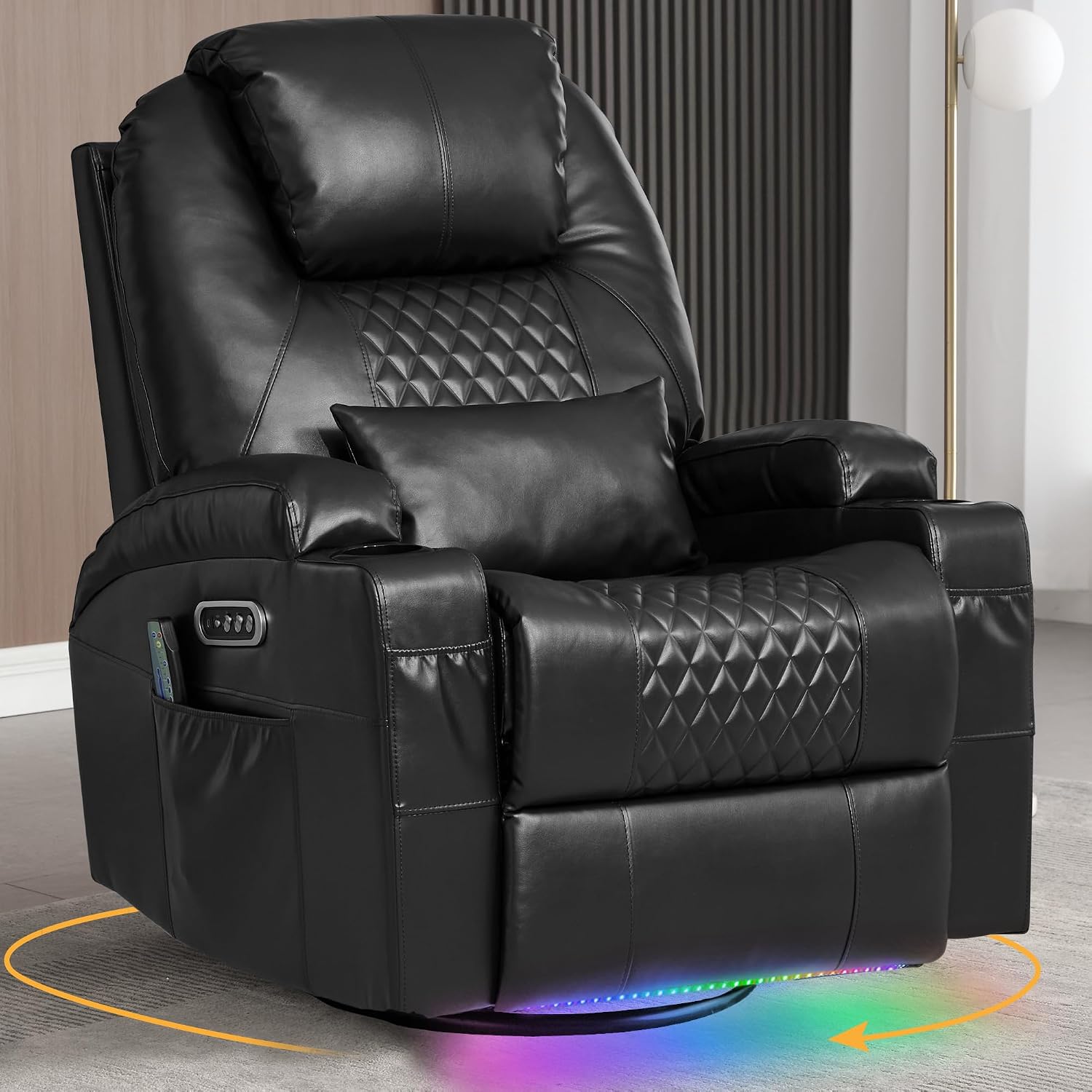 Power Swivel Rocker Recliner with Dual Motor, 240° Electric Glider Recliner with Heat & Massage, Rocking Chair Theater Seating with LED/Lumbar Pillow/USB Port/Cup Holders（Faux Leather Black, 1）
