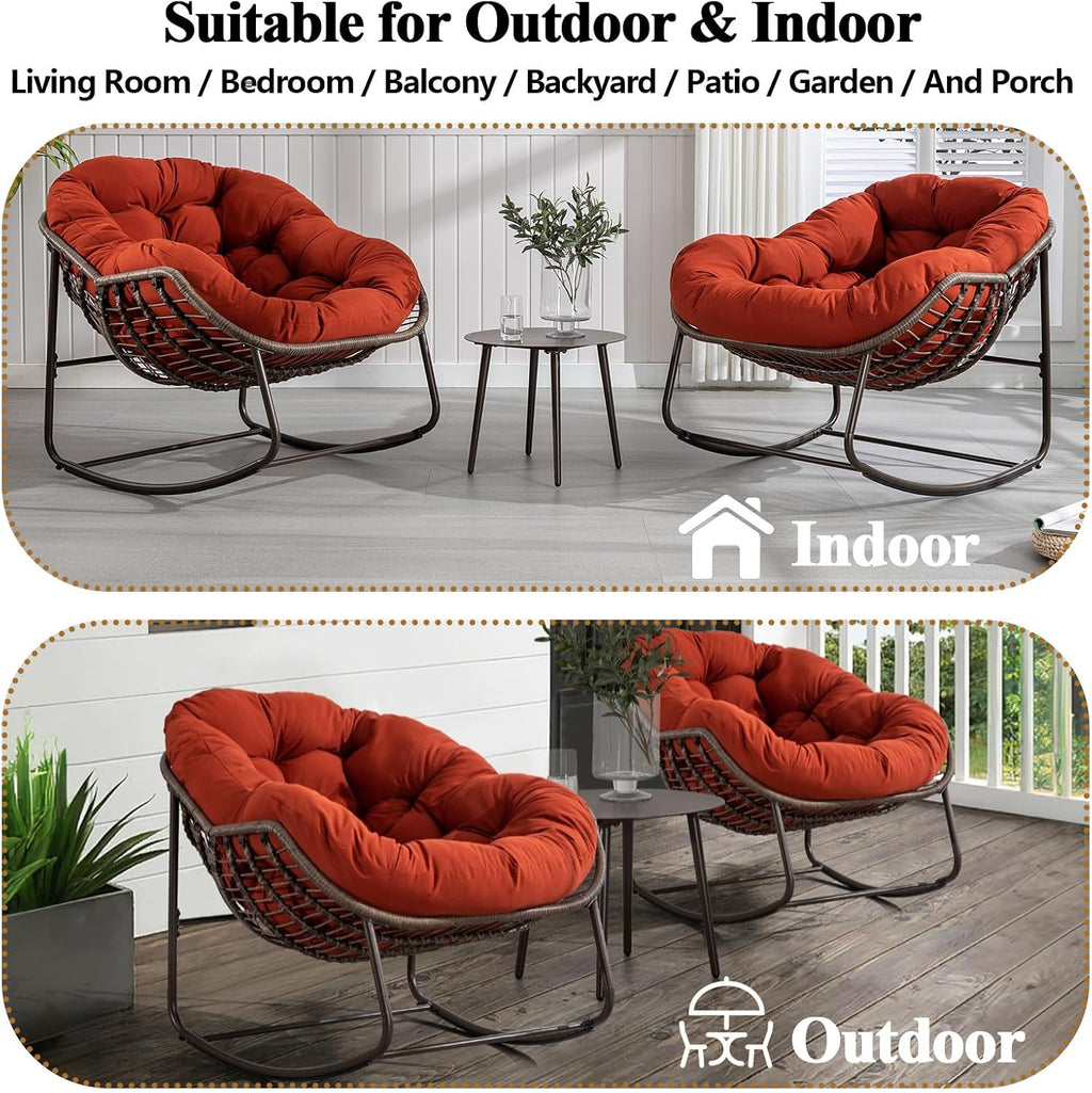 37' Papasan Rocking Chair with Cushion and Steel Frame, Oversized Outdoor Egg Rocking Chair, Rattan Circle Chairs for Grand Patio and Garden (Orange)