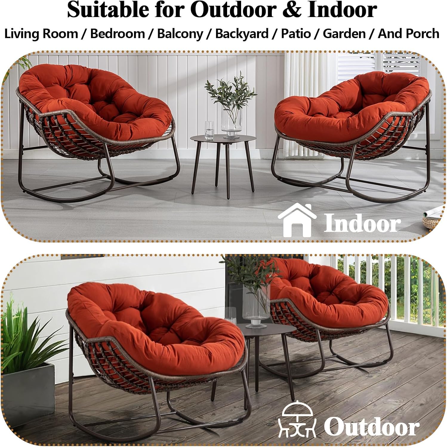 37' Papasan Rocking Chair with Cushion and Steel Frame, Oversized Outdoor Egg Rocking Chair, Rattan Circle Chairs for Grand Patio and Garden (Orange)