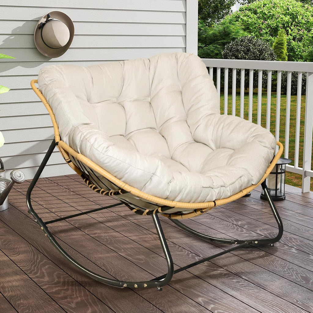SLEERWAY Large Outdoor Indoor Patio Rocking Egg Chair, Oversized Papasan Chair Rocker with Cushion and Frame, Comfy Rattan Wicker Lounge Chair Outdoor Furniture for Porch Patio Garden Backyard, Beige