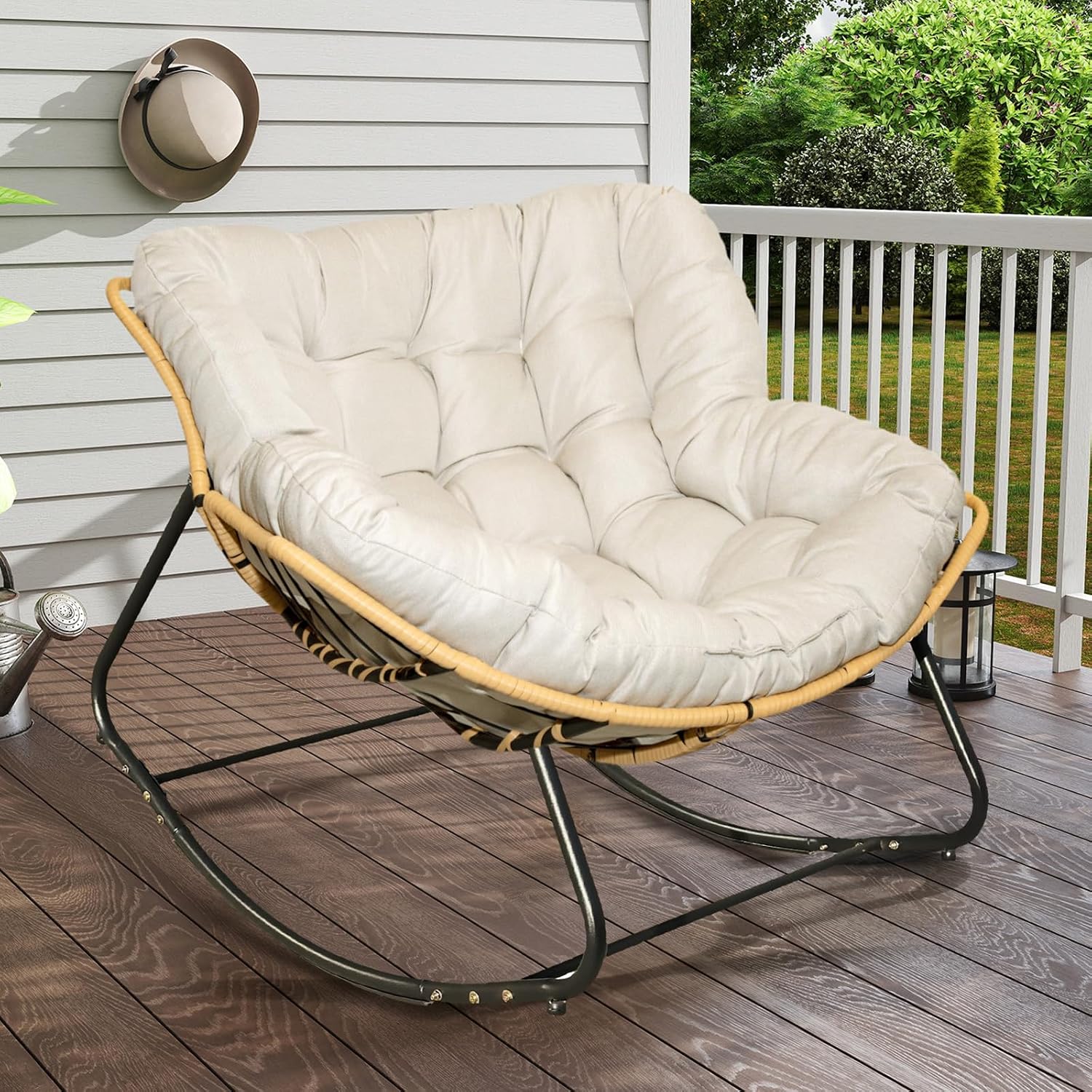 SLEERWAY Large Outdoor Indoor Patio Rocking Egg Chair, Oversized Papasan Chair Rocker with Cushion and Frame, Comfy Rattan Wicker Lounge Chair Outdoor Furniture for Porch Patio Garden Backyard, Beige
