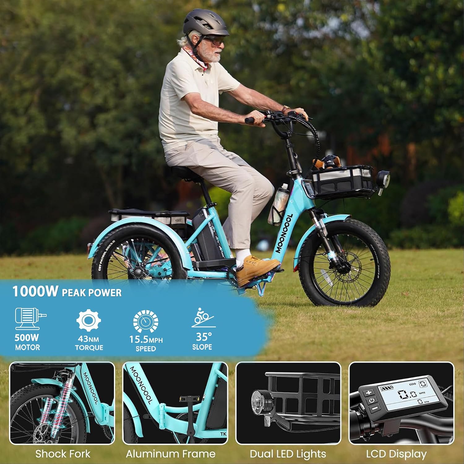 MOONCOOL Foldable Electric Tricycle for Adults, 20' Aluminum Etrike Fat Tire, Rated 500W 48V 15Ah Rear Differential, Front Suspension, 15.5MPH, 450LBS Payload, 95% Pre-Assembled