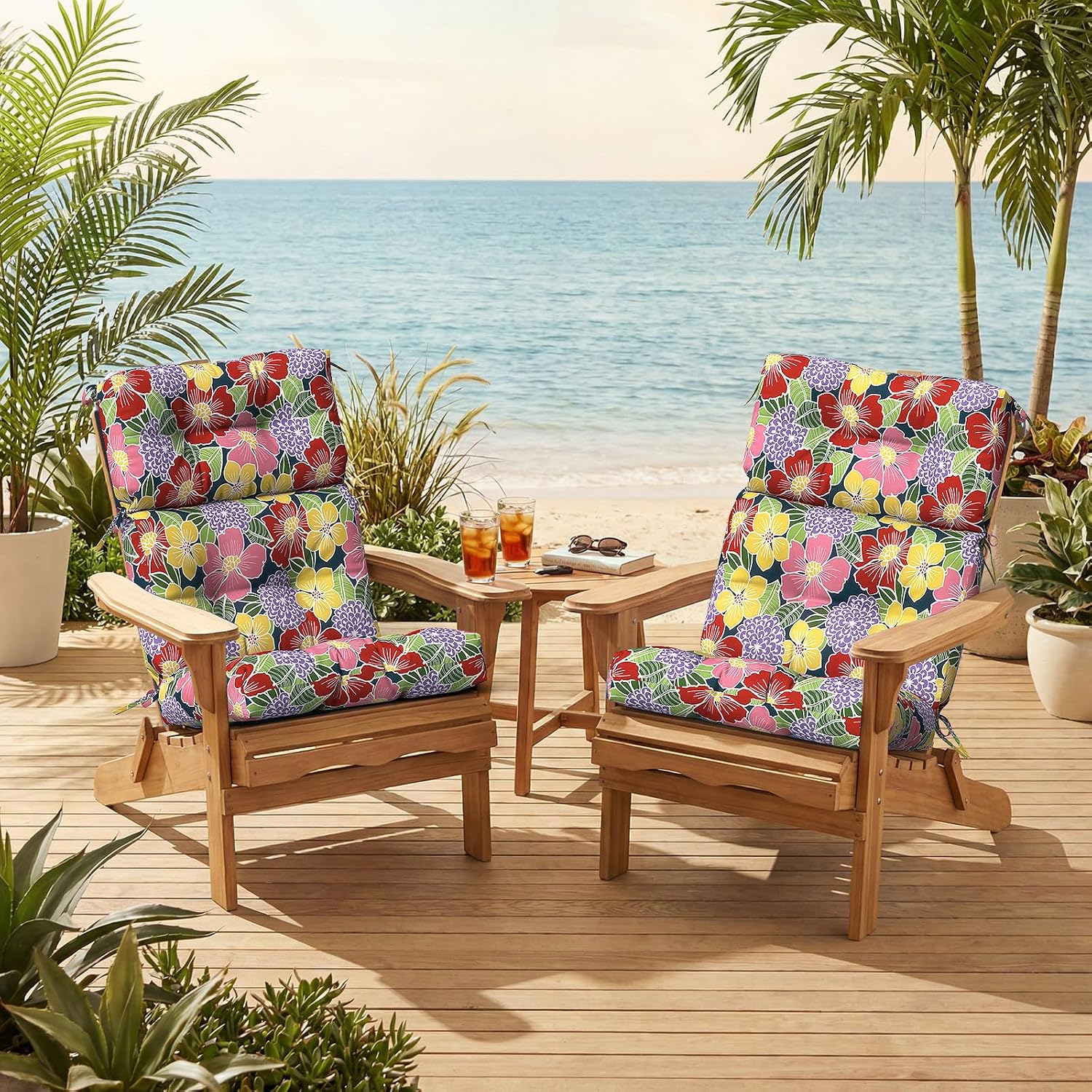 Outdoor High Back Patio Chair Cushions, Fade Resistant & Waterproof Tufted Seat and Back Cushions for Patio Furniture, Patio Chair Cushions 44x22 Inch, Set of 2, Flower Bloom