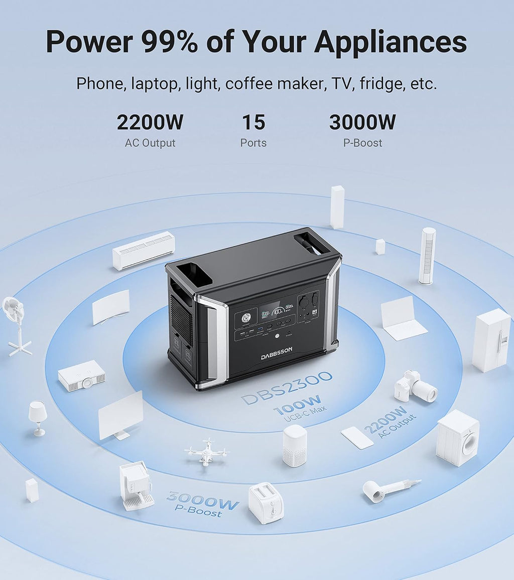 Dabbsson DBS2300 Portable Power Station with 210W Solar Panel, 2330Wh EV Semi-Solid State LiFePO4 Battery, 5 X 2200W AC Outlets (3000W with P-Boost), Solar Generator for Outdoor,Home Backup,Camping