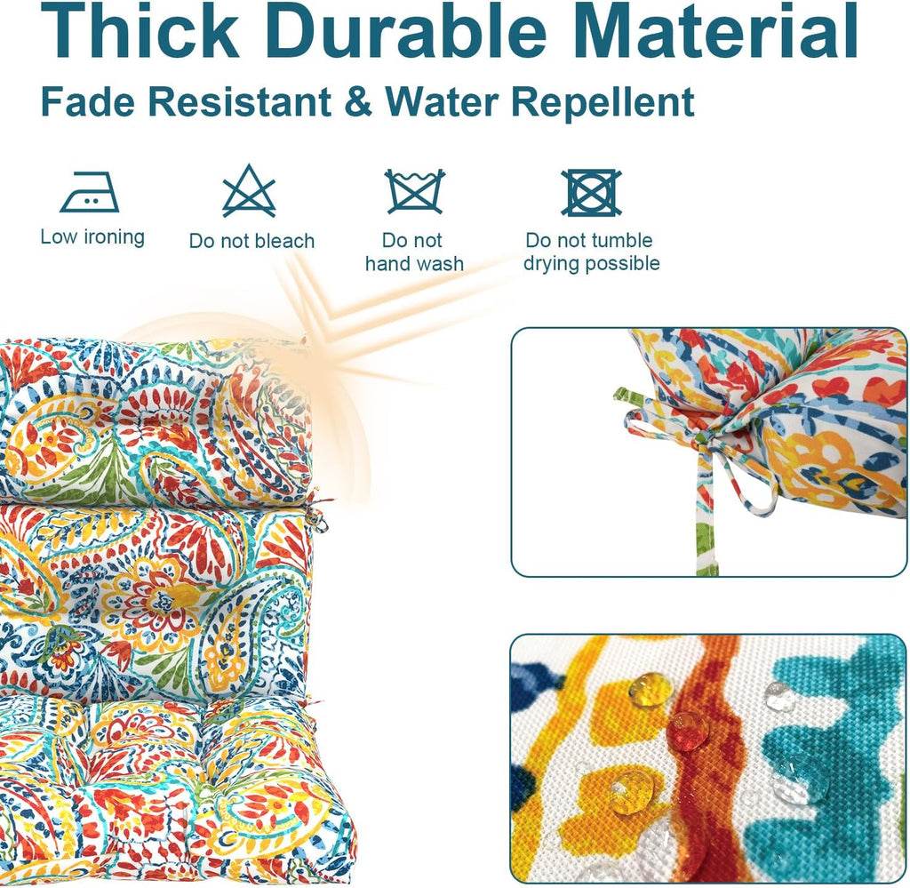DYTXIII Outdoor High Back Chair Cushions Set of 2, Water Repellent Tufted Rocking Seat Cushions Replacement 44 x 22 Inch, Seat & Back Chair Pads for Patio, Balcony and Indoor Use -Paisley Multi