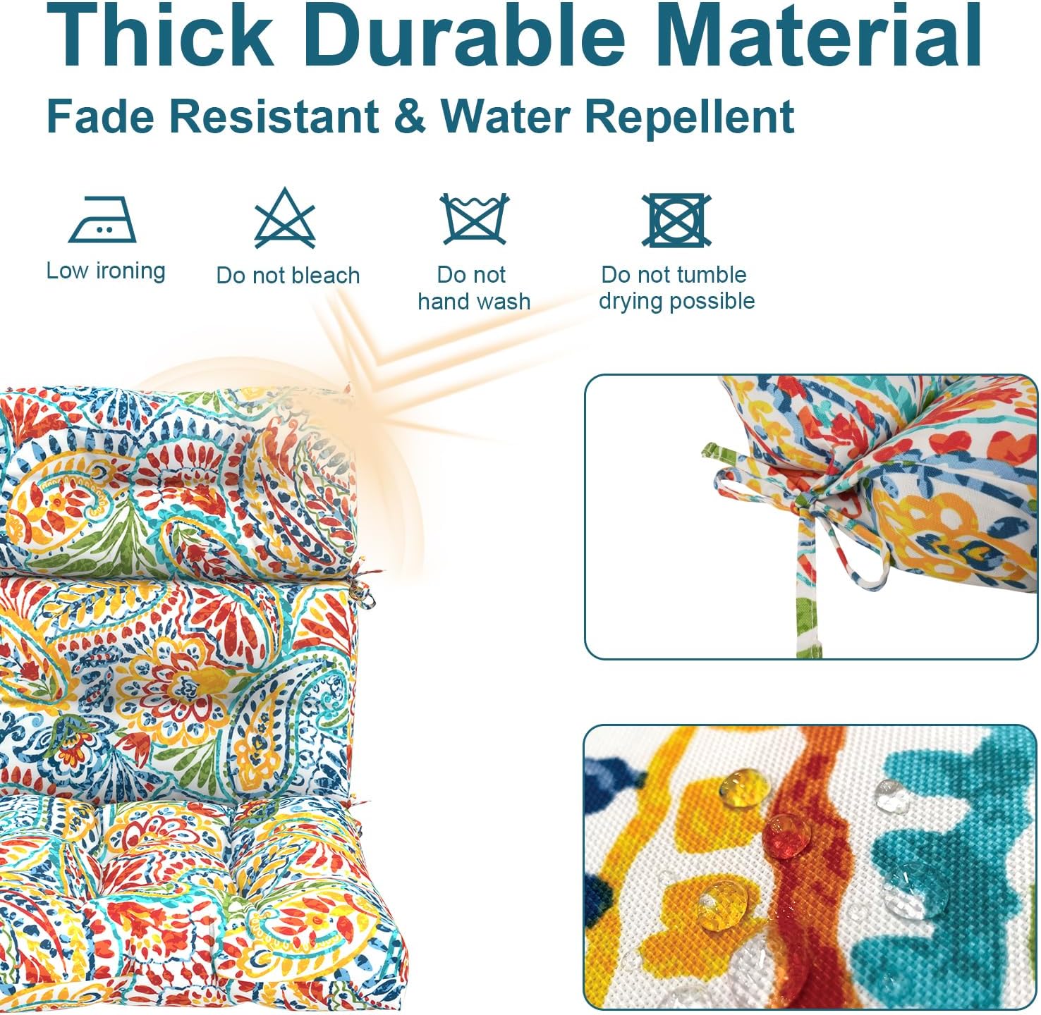 DYTXIII Outdoor High Back Chair Cushions Set of 2, Water Repellent Tufted Rocking Seat Cushions Replacement 44 x 22 Inch, Seat & Back Chair Pads for Patio, Balcony and Indoor Use -Paisley Multi