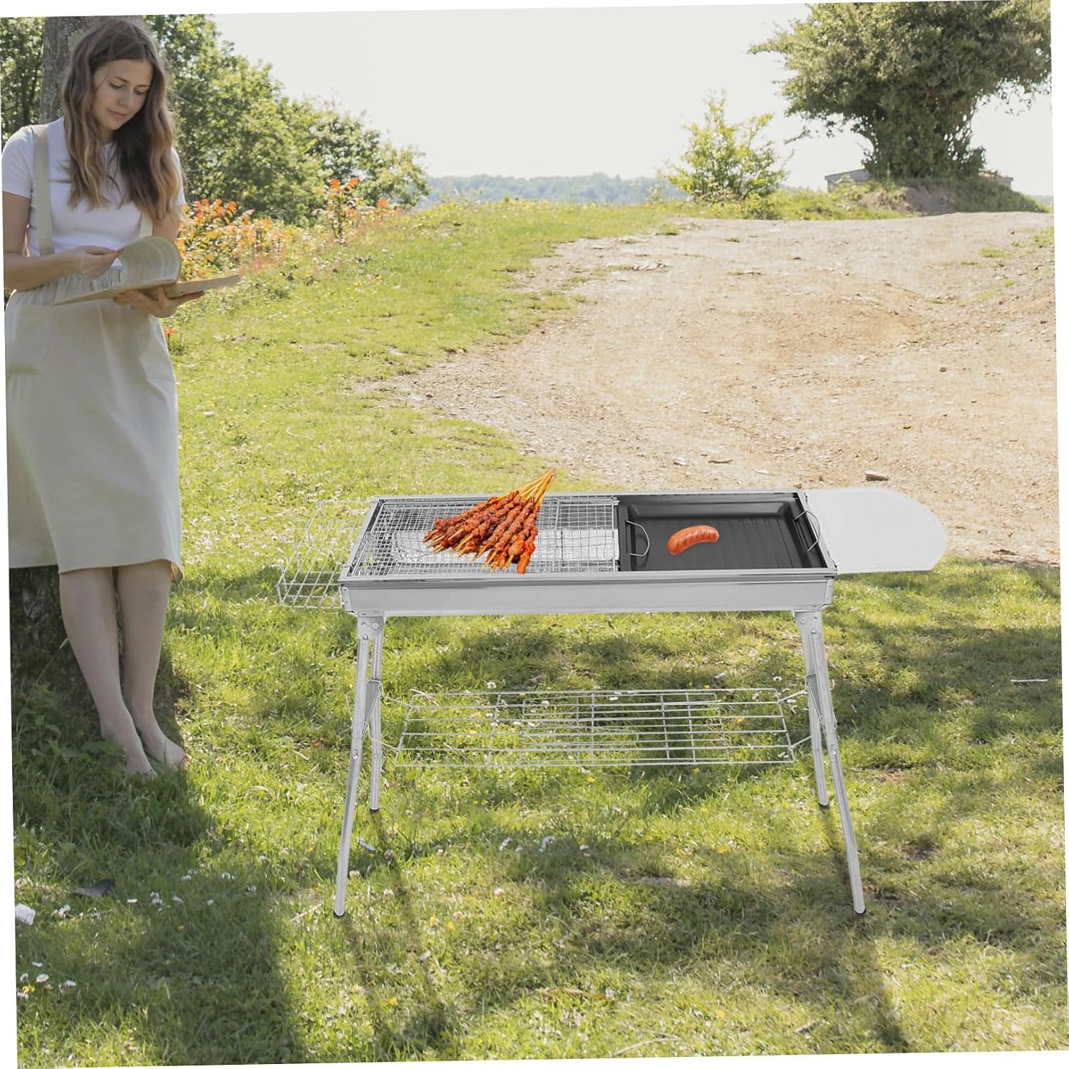 ORFOFE 1set Stainless Steel Bbq Grill Rack Portable Camping Grill for Barbecue Outdoor Mesh Net and Pan