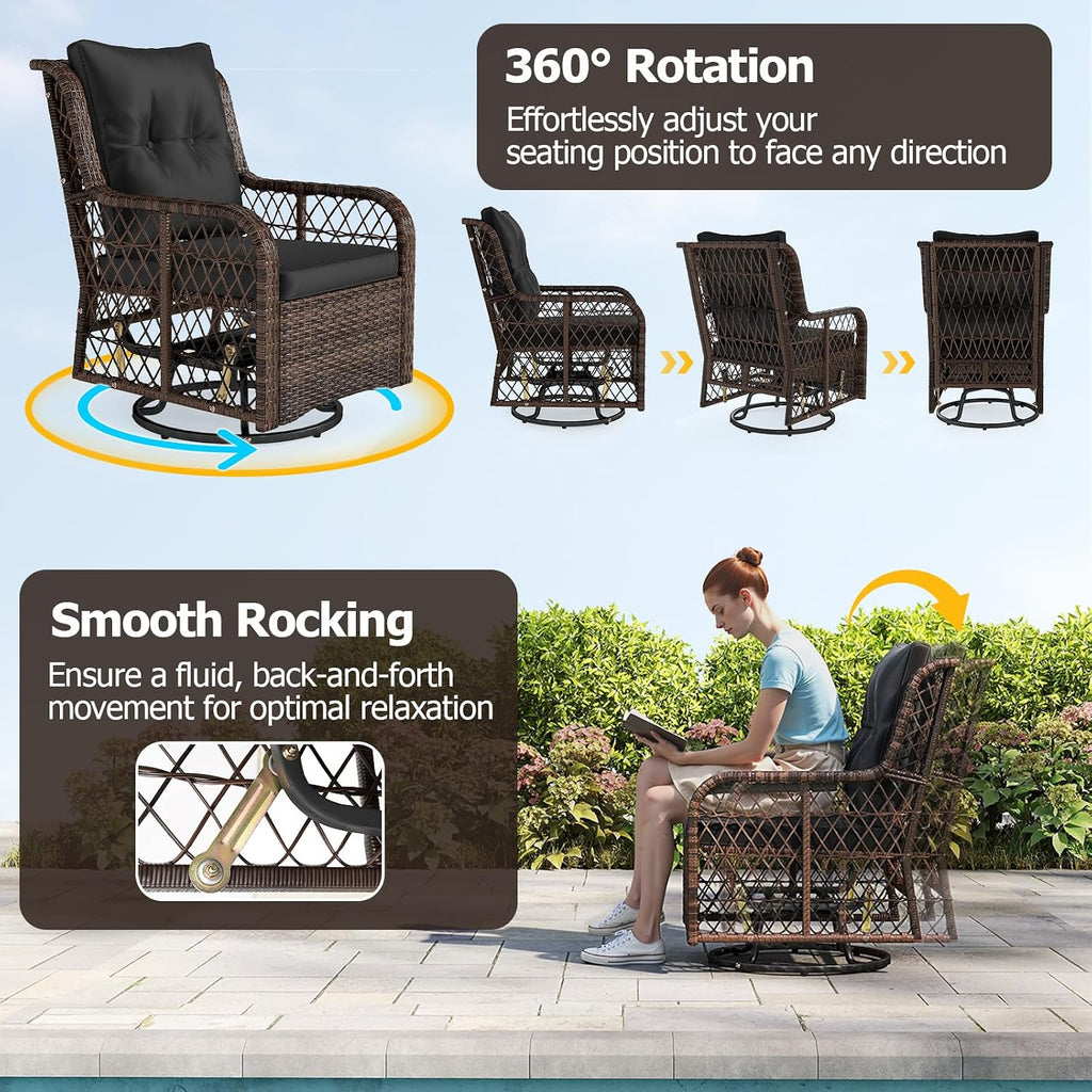 Tangkula 3 Pieces Outdoor Swivel Rocker Set, Rattan Wicker Patio Rocking Cushioned Chairs Set of 2 with Small Side Table, for Backyard, Poolside, Balcony, Lawn, Deck