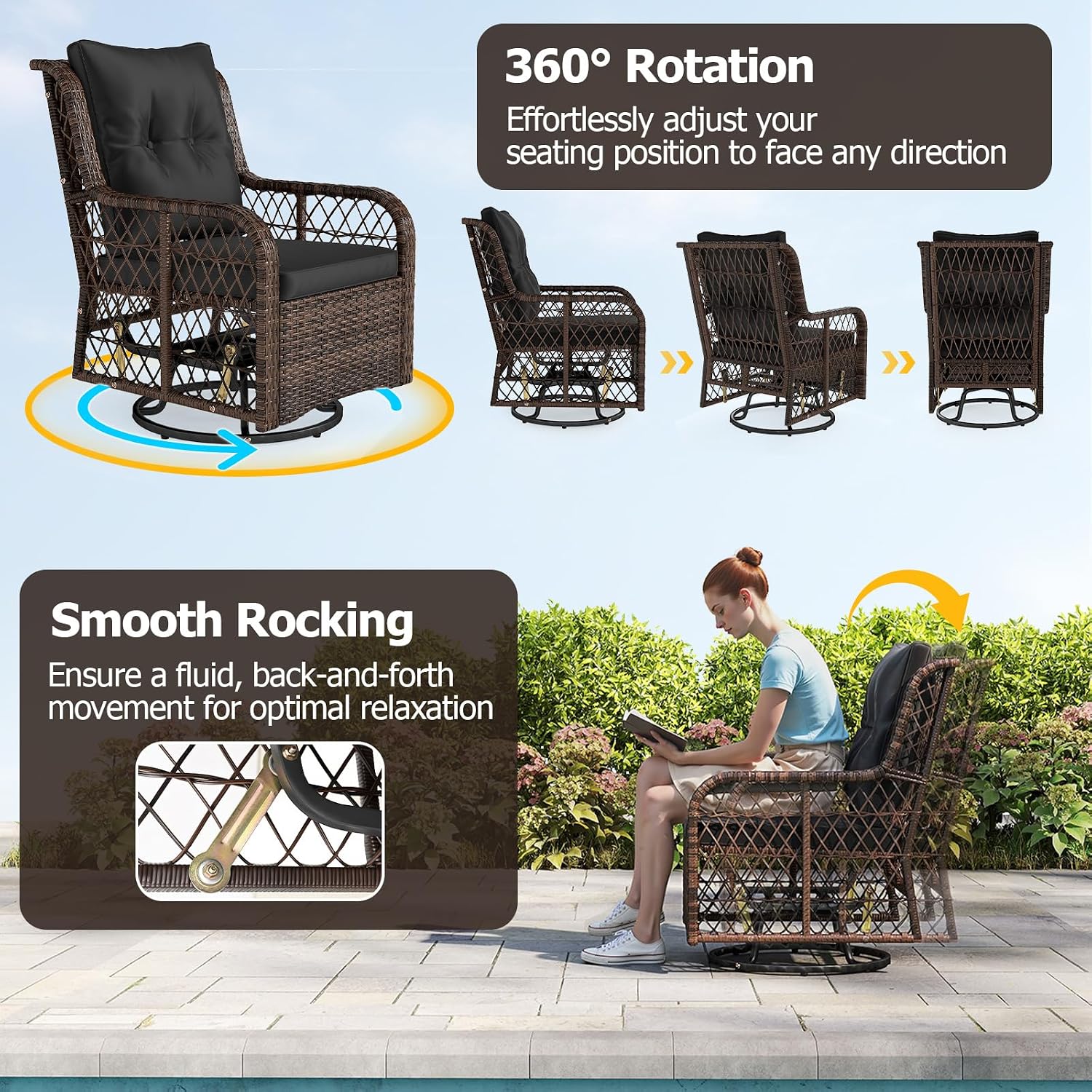 Tangkula 3 Pieces Outdoor Swivel Rocker Set, Rattan Wicker Patio Rocking Cushioned Chairs Set of 2 with Small Side Table, for Backyard, Poolside, Balcony, Lawn, Deck