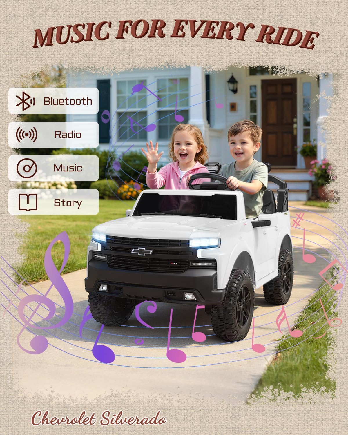First Ride On 24V 2 Seater Ride on Car for Kids, Licensed Chevrolet Silverado Electric Car for Kids with Remote Control, Toddler Car with Bluetooth, LED Lights, Seat Belts and Spacious Design (White)