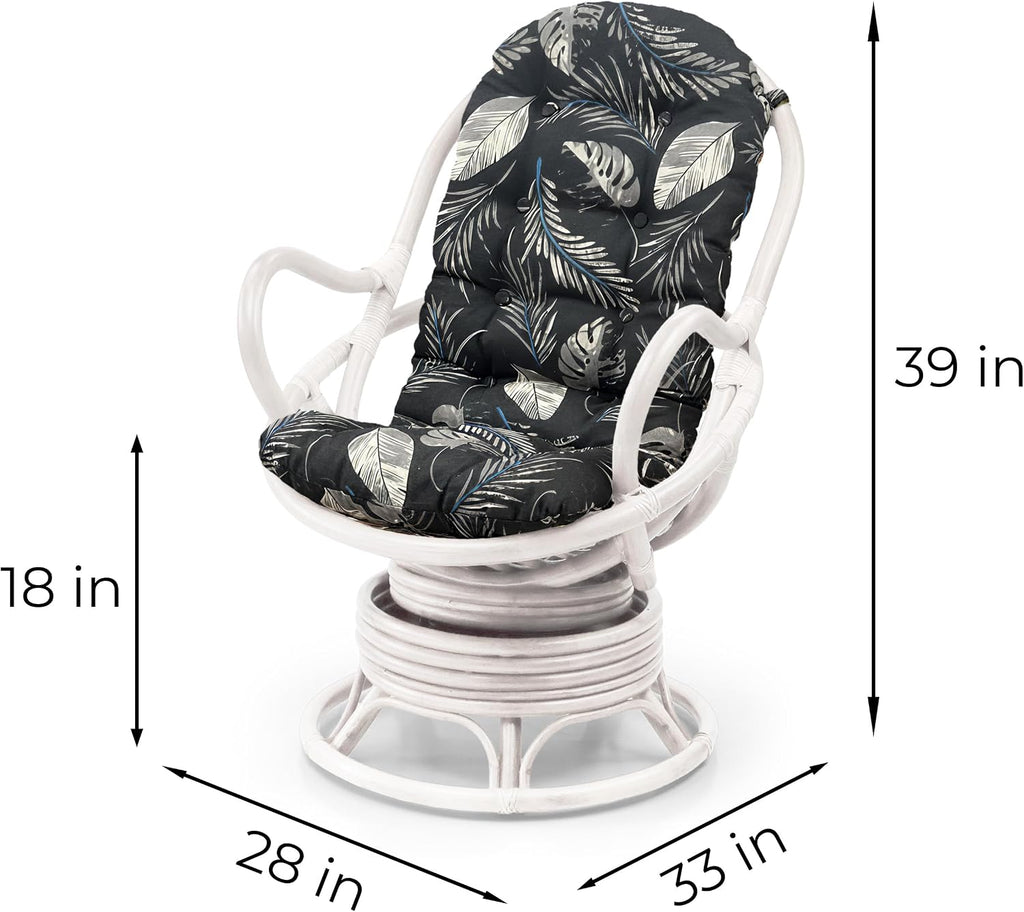 Java Lounge Swivel Rocking Chair with Black Leaf Cushion Natural Rattan Wicker Handmade, White Color