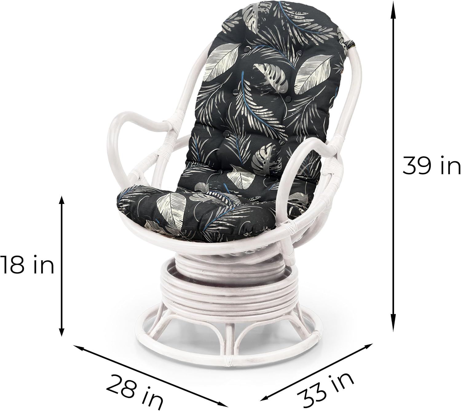 Java Lounge Swivel Rocking Chair with Black Leaf Cushion Natural Rattan Wicker Handmade, White Color