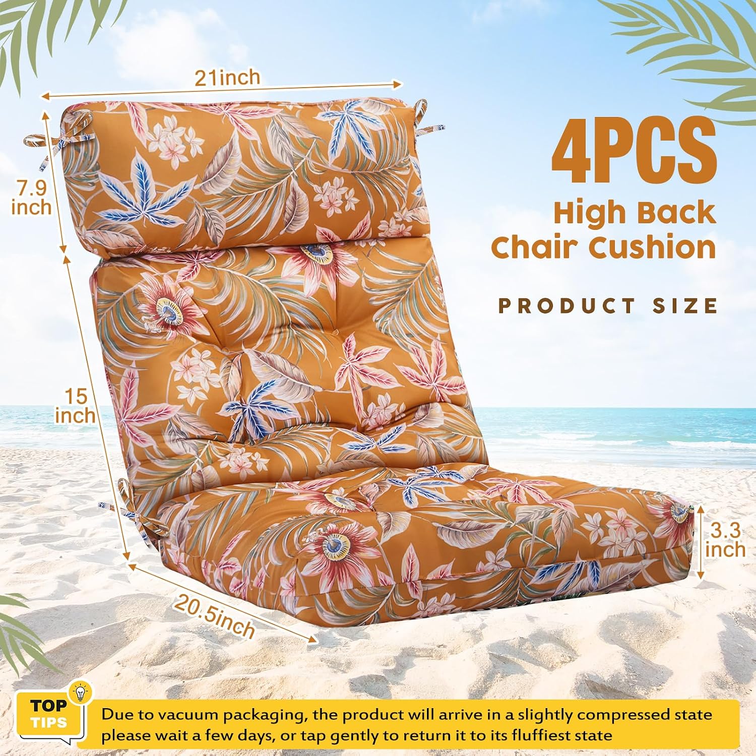 Barydat 4 Pcs Tufted High Back Chair Cushion Indoor Outdoor Seat and Back Cushions Palm Leaves Tropical Plants Lawn Rocking Chair Pads with Ties for Adirondack Patio Garden(Yellow Flower)