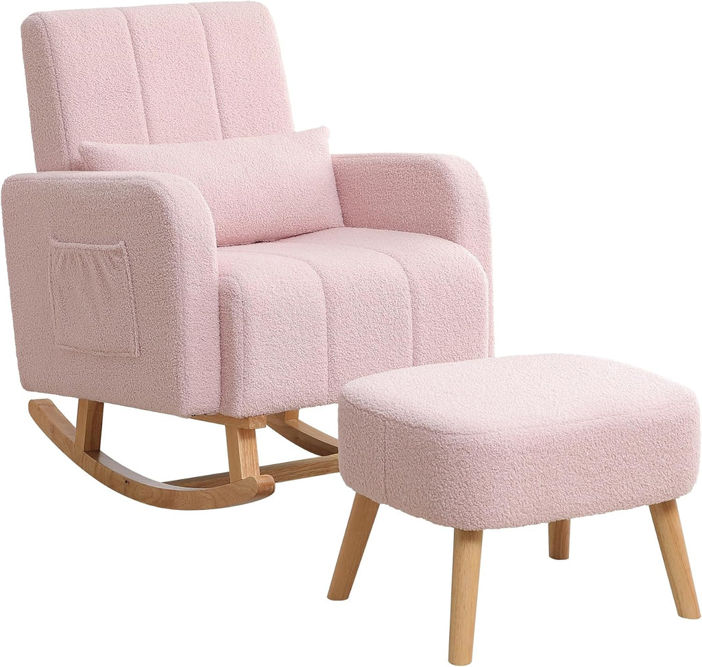 HCHAIRH Rocking Chair with Ottoman, Upholstered Glider Rocker Armchair with High Backrest and Side Pocket, Comfy Reading Chair with Solid Wood Legs for Nursery, Living Room,Bedroom, Pink