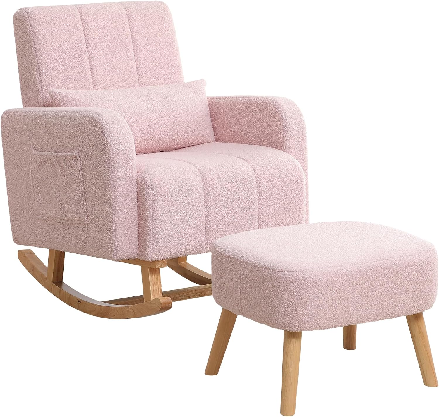 HCHAIRH Rocking Chair with Ottoman, Upholstered Glider Rocker Armchair with High Backrest and Side Pocket, Comfy Reading Chair with Solid Wood Legs for Nursery, Living Room,Bedroom, Pink
