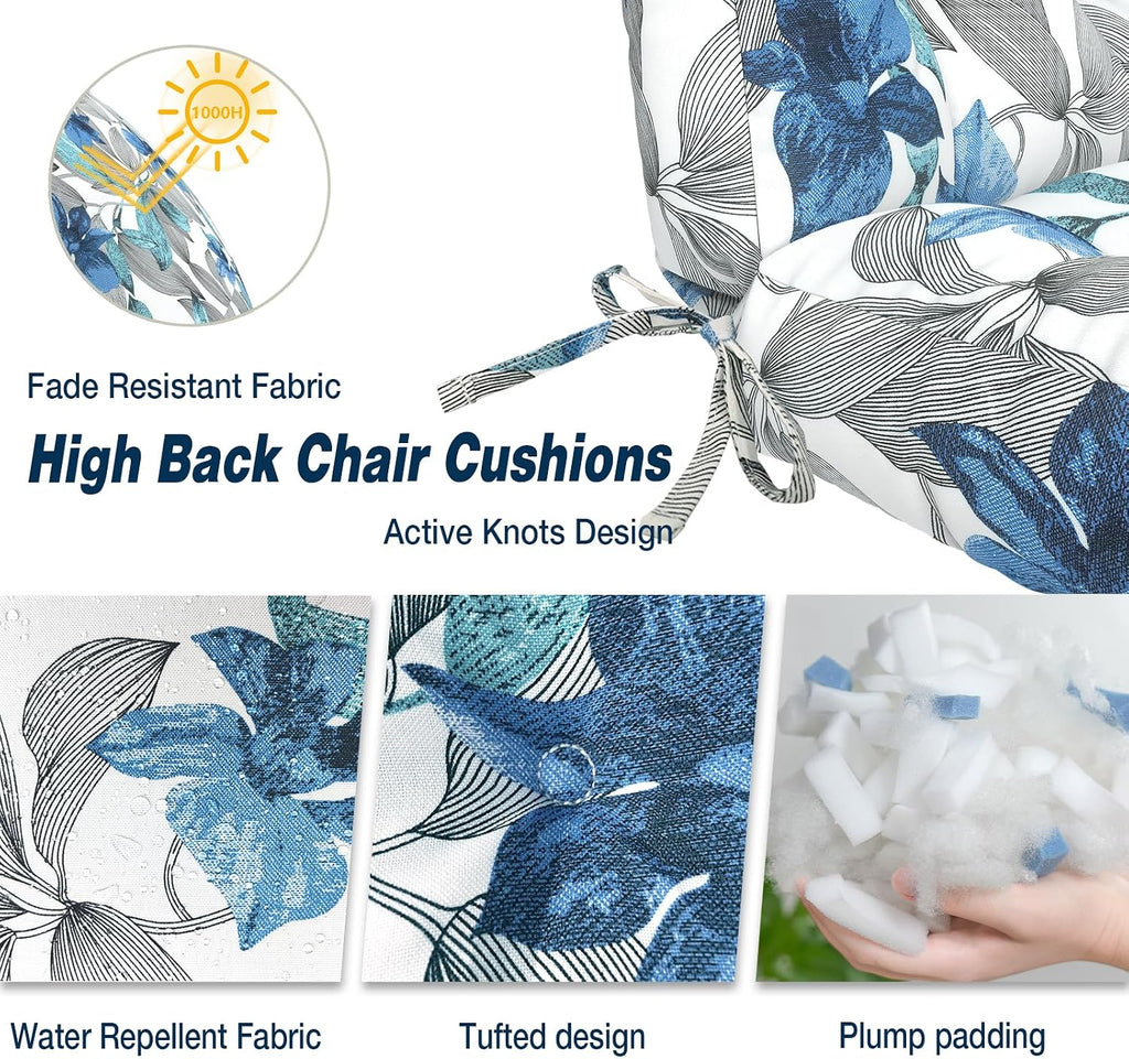 Outdoor High Back Chair Cushions Set of 2, Waterproof Seat Cushion Rocking Chair Cushion with tie 44×20×4 inch, Clemens Noir Blue