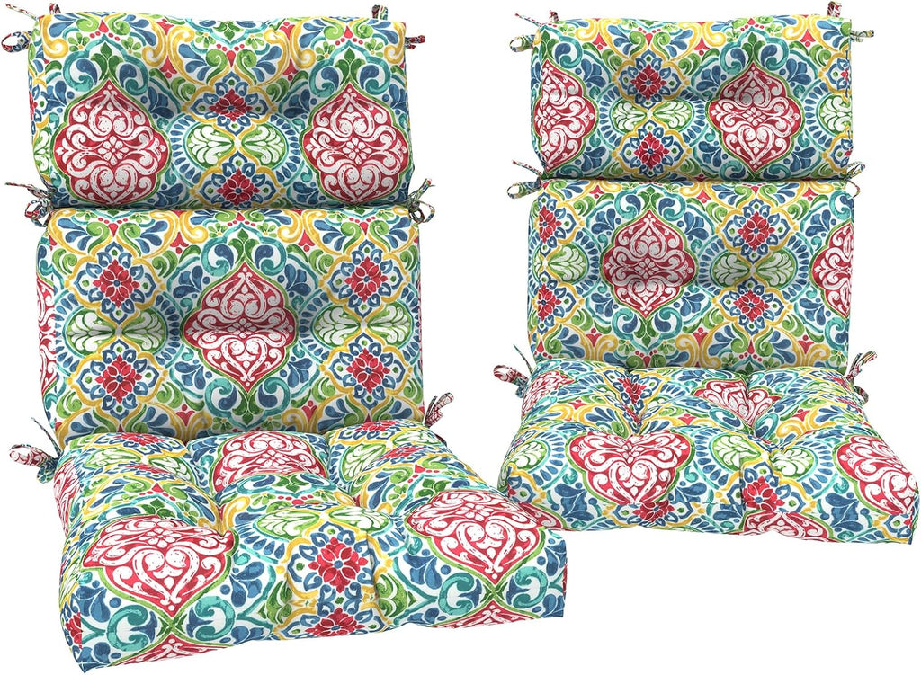 DYTXIII Outdoor High Back Chair Cushions Set of 2, Water Repellent Tufted Rocking Seat Cushions Replacement 44 x 22 Inch, Seat & Back Chair Pads for Patio, Balcony and Indoor Use -Damask Red