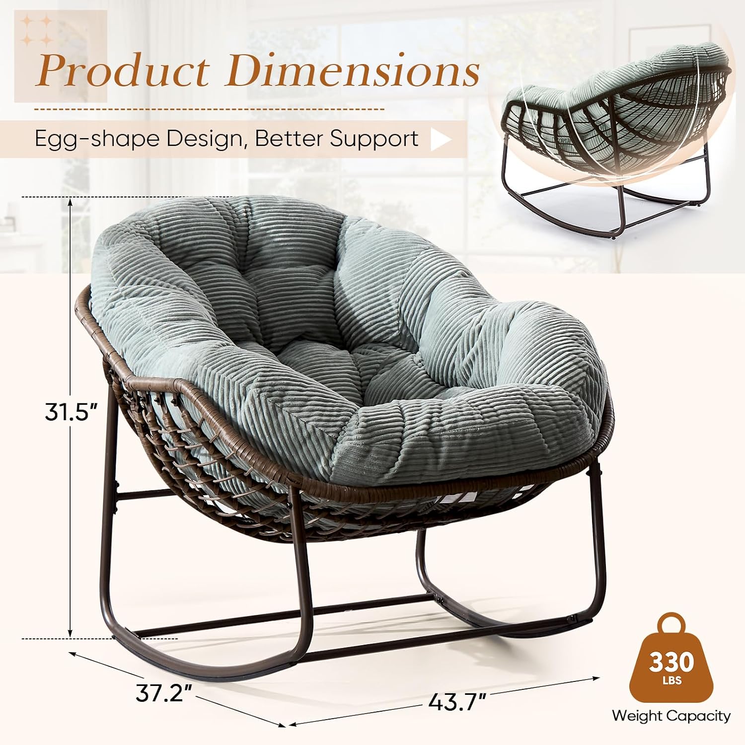 Outdoor Indoor Rocking Chair with Padded Cushion, Oversized Patio Papasan Rocking Egg Chair, All Weather Wicker Egg Rocking Chair, Comfy Large Rattan Rocker Lounge Chair for Front Porch,Garden, Patio