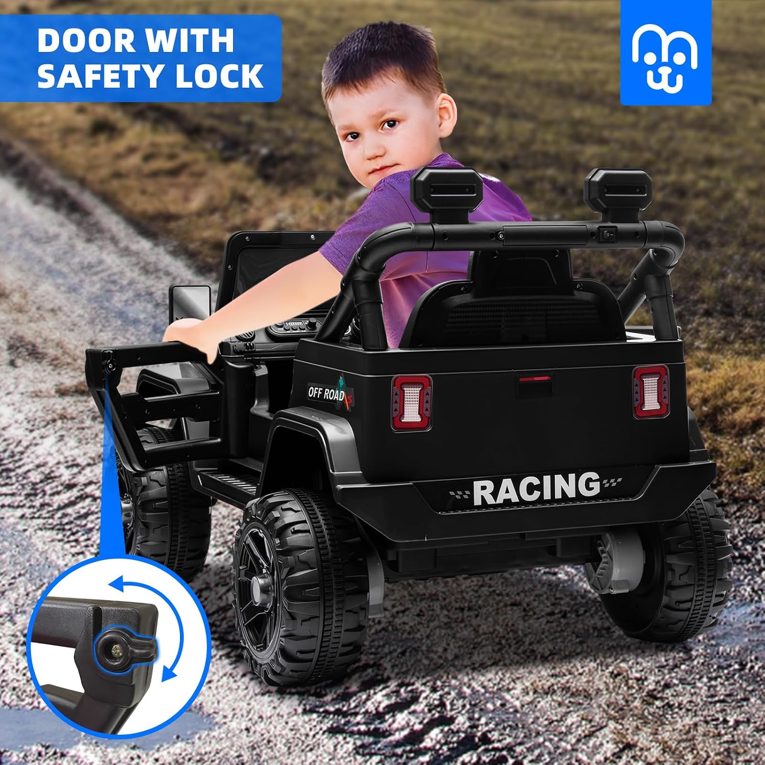 MINIATURE MOTORS 24V Kids Electric Ride on Truck Car with Remote Control, Twin 55W Motors 4MPH Max Speed, Bluetooth Music Player, 4 Wheels Suspension LED Lights Safety Belt, Gift for Boys Girls-Black