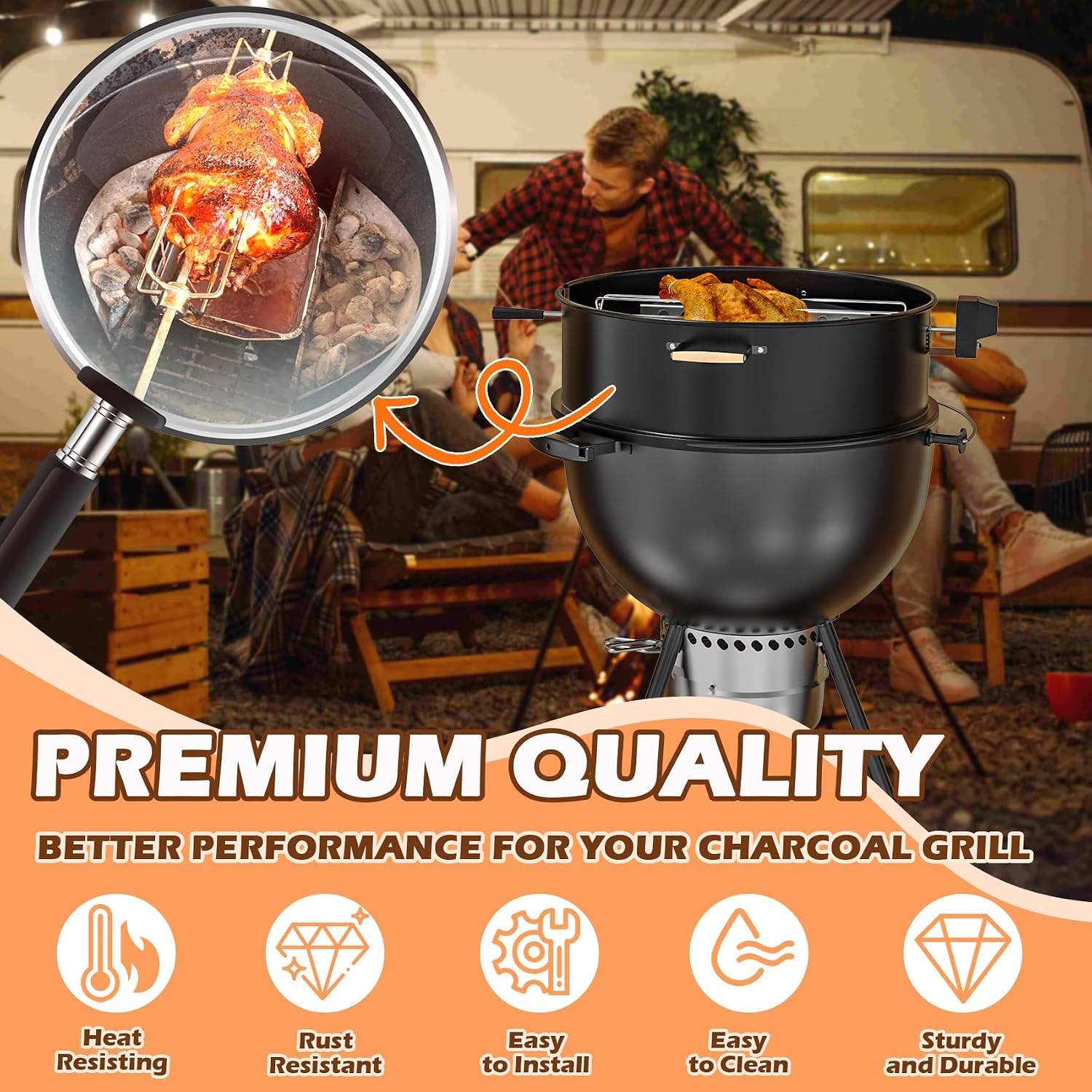 Upgraded Rotisserie Kit for Weber 22 inch Kettle Charcoal Grills Accessories, Rotisserie Grill Kit for Weber & Other Similar Size Grills, with Handles, Charcoal Baskets,10 Pcs Drip Pans, Black