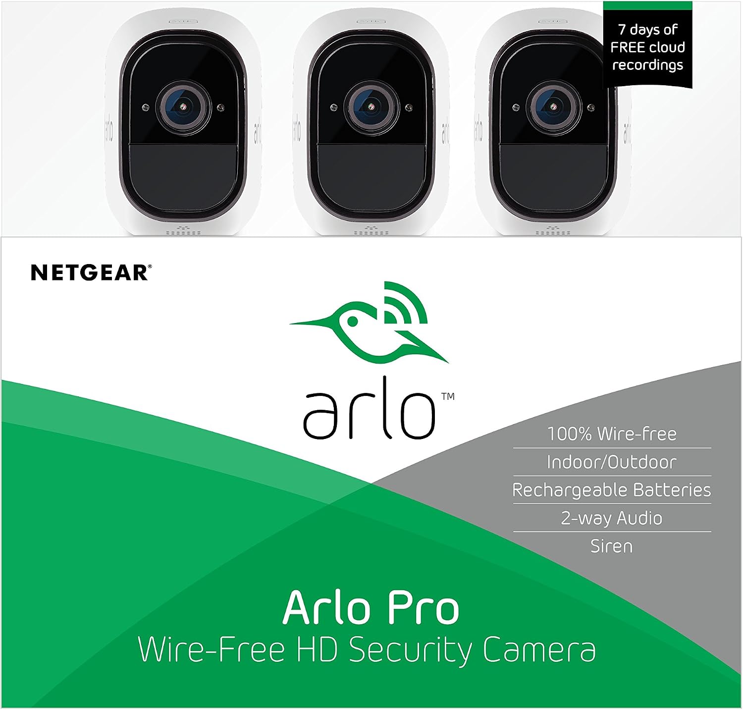 Arlo Technologies Pro -Wireless Home Security Camera System with Siren|Rechargeable,Night Vision,Indoor/Outdoor,HD Video,2-Way Audio,Wall Mount|Cloud Storage Included|3 Camera Kit (VMS4330), White