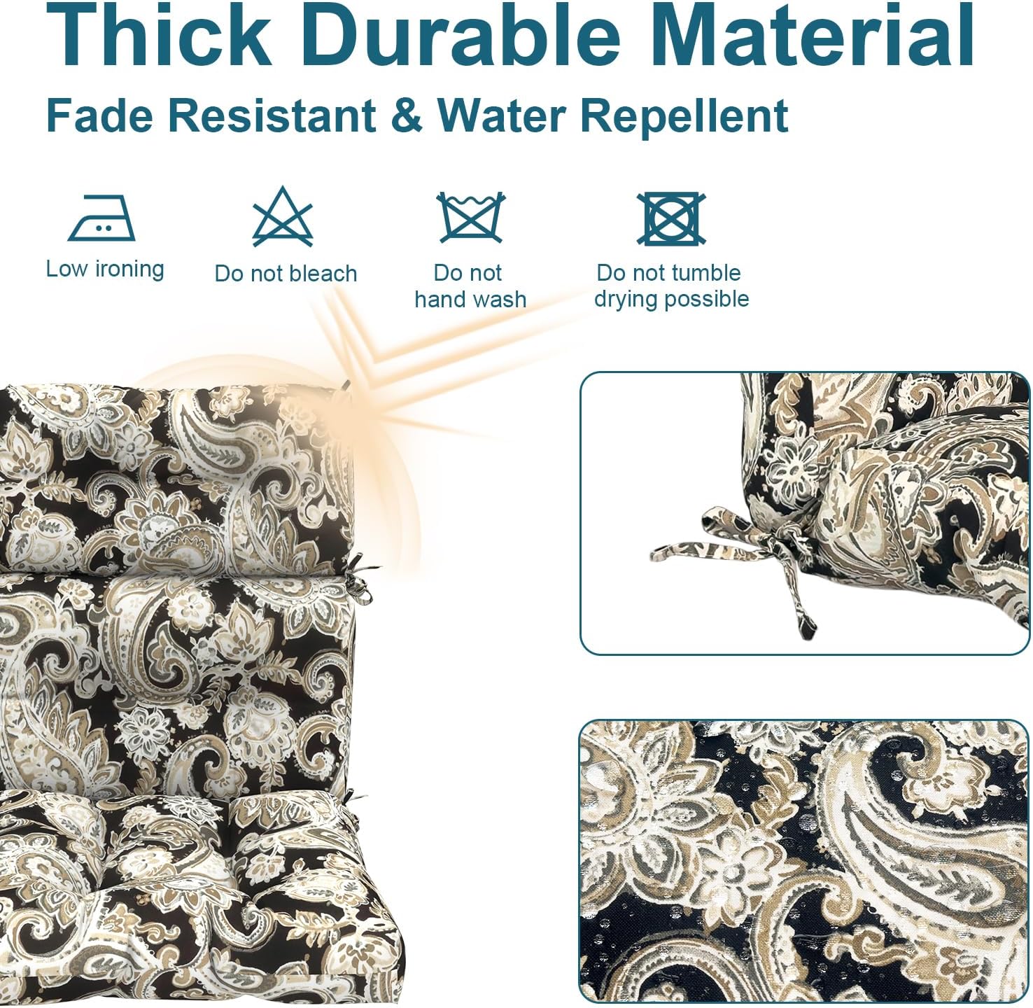DYTXIII Outdoor High Back Chair Cushions Set of 2, Water Repellent Tufted Rocking Seat Cushions Replacement 44 x 22 Inch, Seat & Back Chair Pads for Patio, Balcony and Indoor Use -Paisley Black