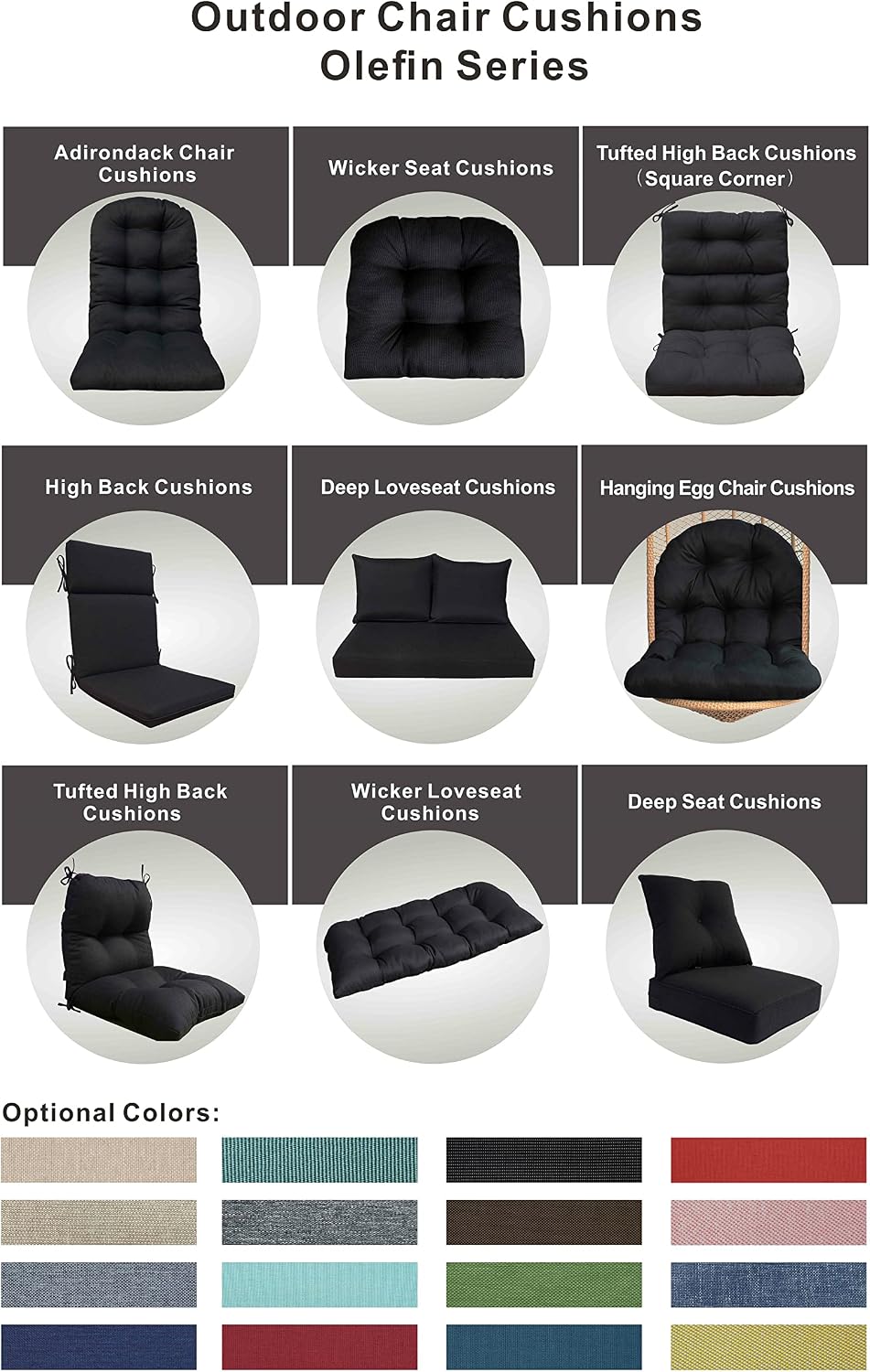 Indoor Outdoor High Back Rocking Chair Cushions Replacement Patio Seat Cushion Fade Resistance, Set of 4 (Olefin Black)