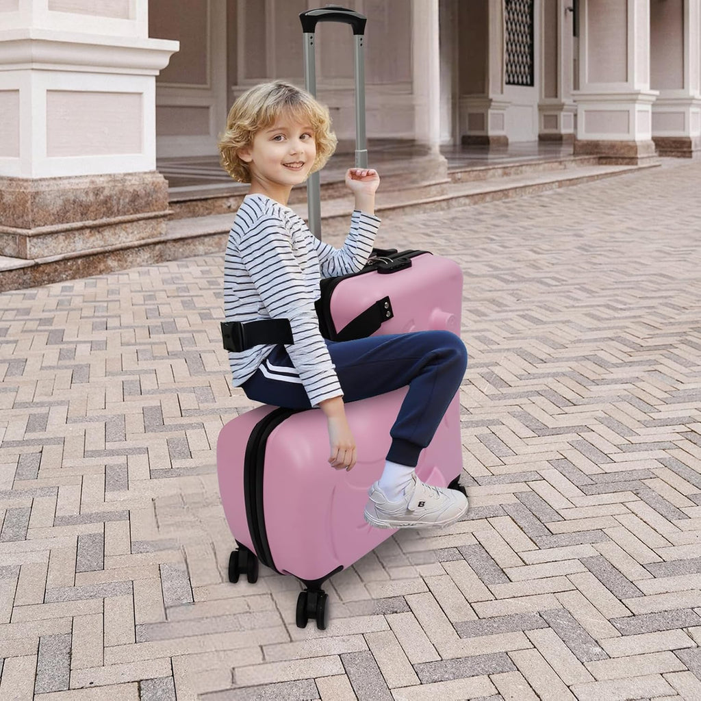 20 inch Ridable Double-Wheel Pink Trolley Luggage Case, Ride on Suitcase with Spinner Wheels Seat & Safety Belt, Hardside Rolling Luggage for Travel
