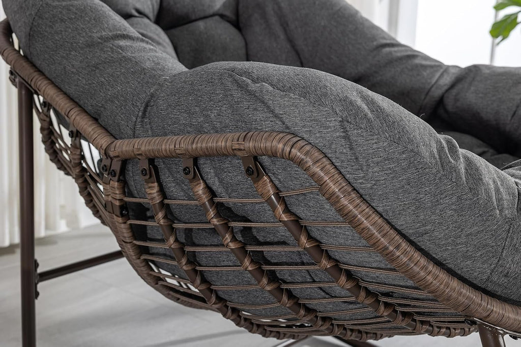 Deolme Large Papasan Rocking Chair Set of 2 with Cushion, Oversized Comfy Reading Chair Lounging Indoor Outdoor Rocker for Front Porch Backyard Bedroom Living Room Egg Chair Rattan (Dark Grey)