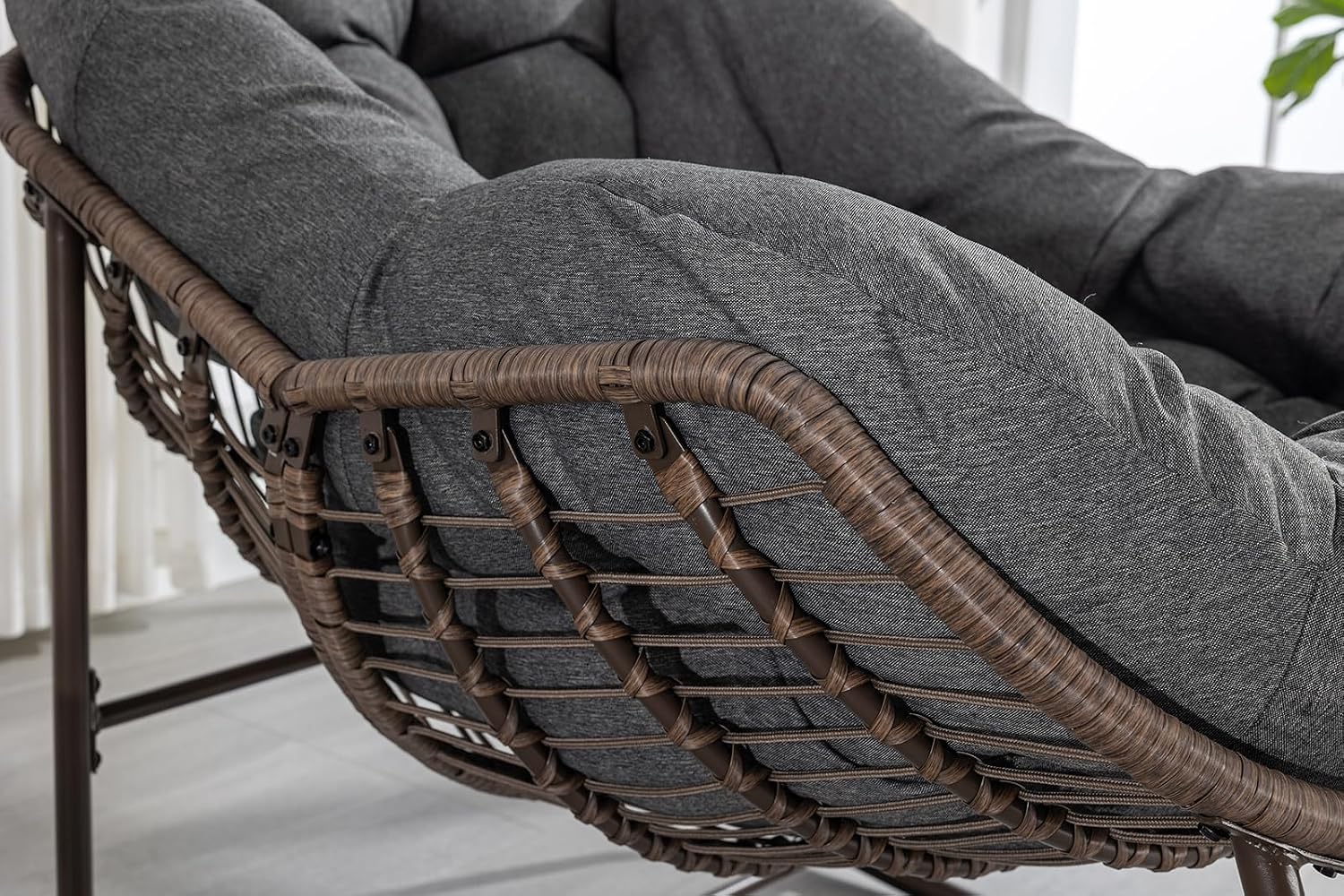 Deolme Large Papasan Rocking Chair with Cushion, Oversized Comfy Reading Chair Lounging Indoor Outdoor Rocker for Front Porch Backyard Bedroom Living Room Egg Chair Rattan (Dark Grey)
