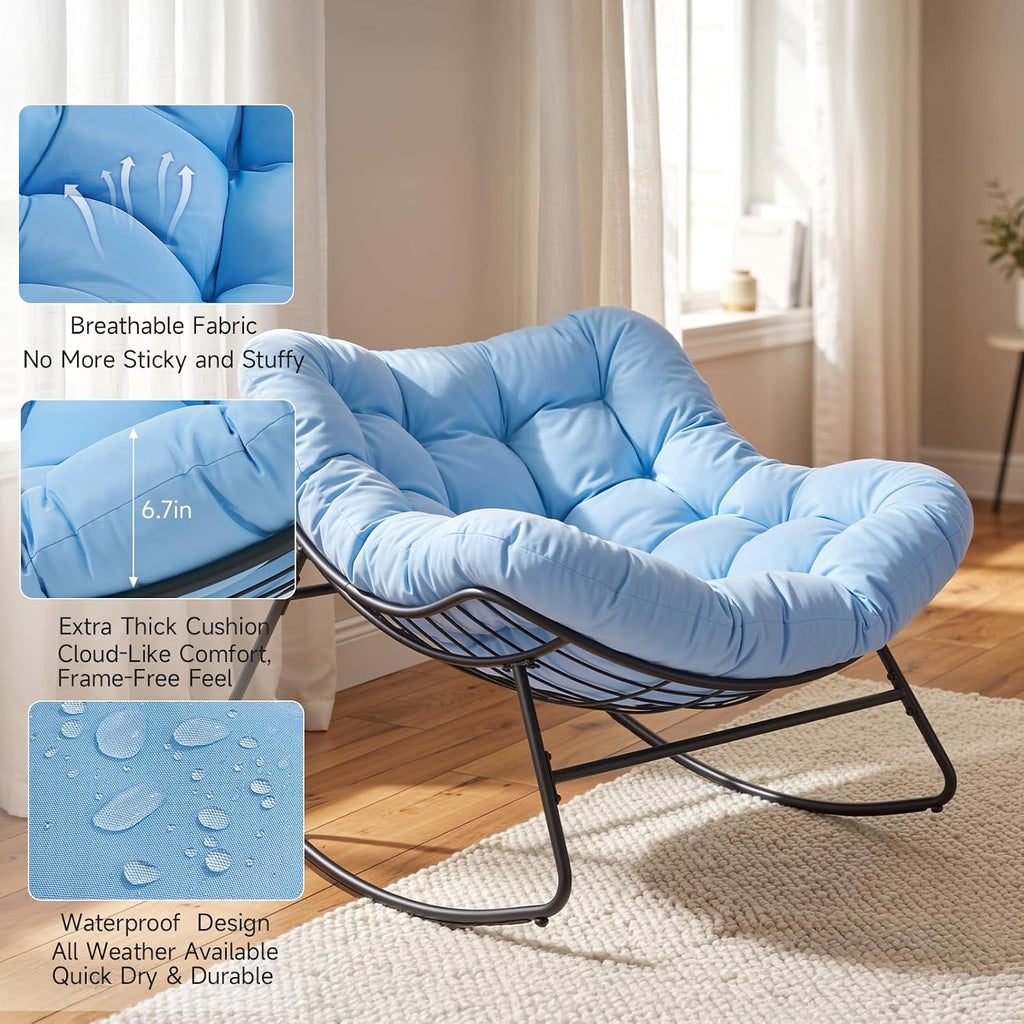 ONBRILL Outdoor Papasan Rocking Chair, 450 lbs Oversized Comfy Patio Chair with Thickened Cushion, Indoor Egg Rocking Lounge Chairs, Rocker Chairs for Patio Porch Garden Living Room Bedroom, Blue