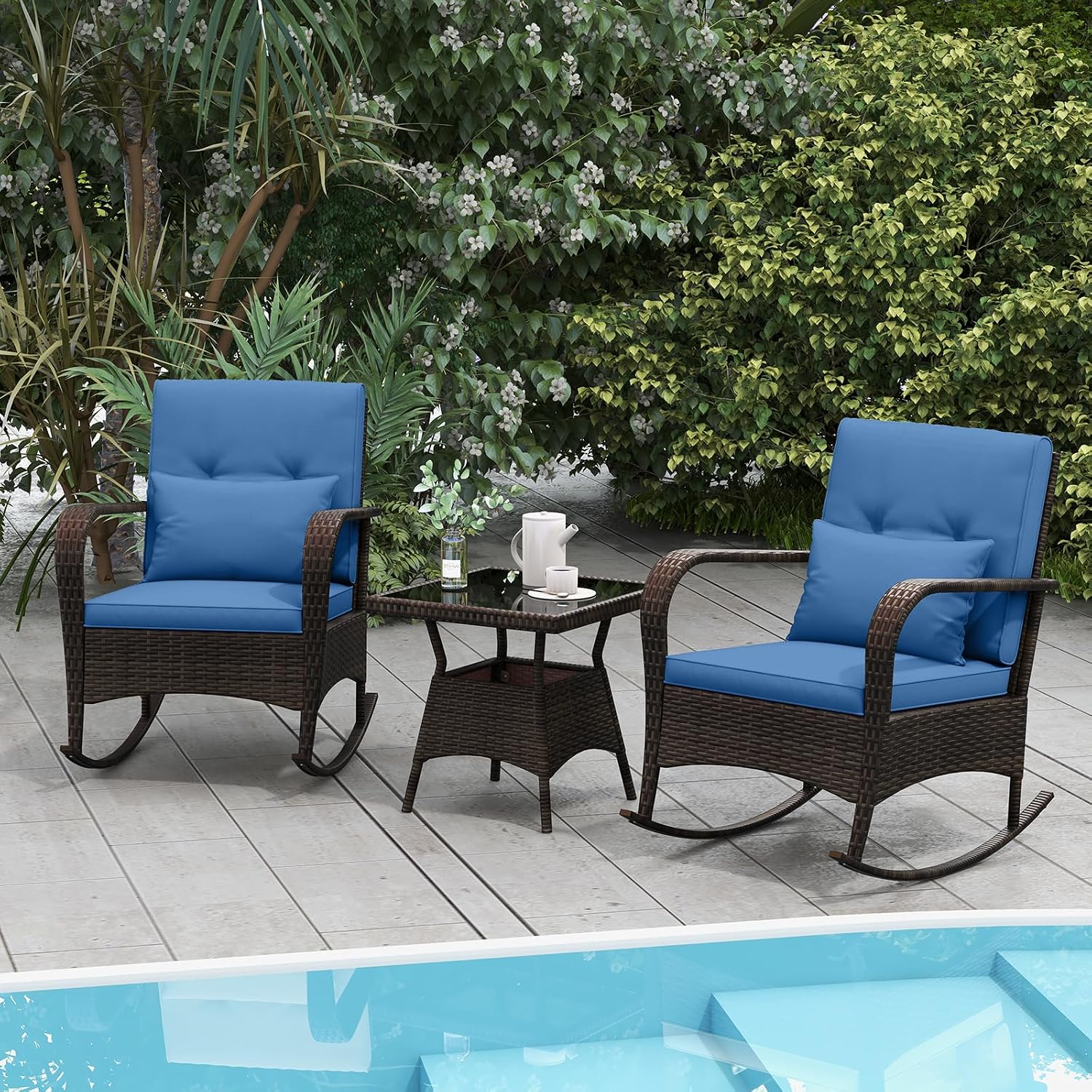 Tangkula 3 Pieces Rocking Bistro Set, Patiojoy Outdoor PE Rattan Rocker Chairs with Removable Cushions & Tempered Glass Top Coffee Table, Outdoor Wicker Furniture Set for Porch, Garden (Navy)