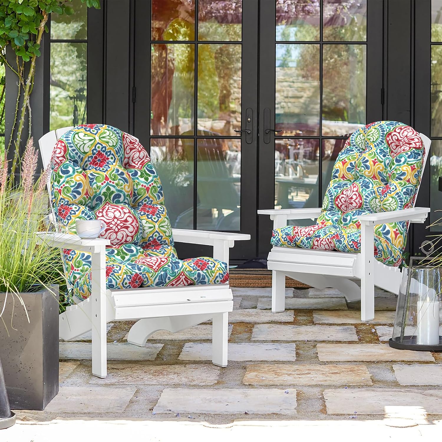 Indoor/Outdoor Adirondack Chair Cushions 44 x 19 x 4 Inch, Tufted Outdoor Rocking Chair Cushions, Anti-Slip High Back Patio Chair Cushion, Set of 2,Damask Red