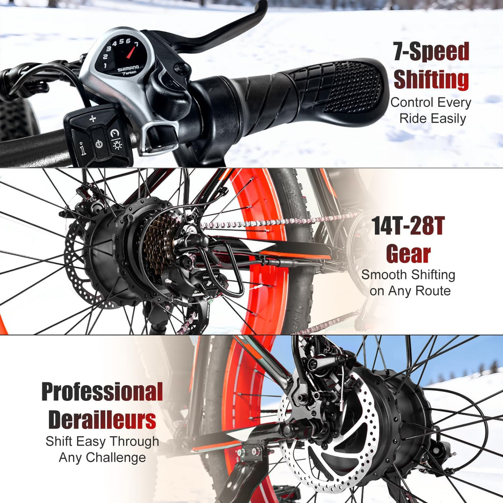 Electric Bike, 1500W Peak 30/33 MPH 26' Fat Tire Electric Bicycle, 60/70 Miles Snow Off-Road E Bike for Adults, Removable Battery, Dual Brake, 7 Speed