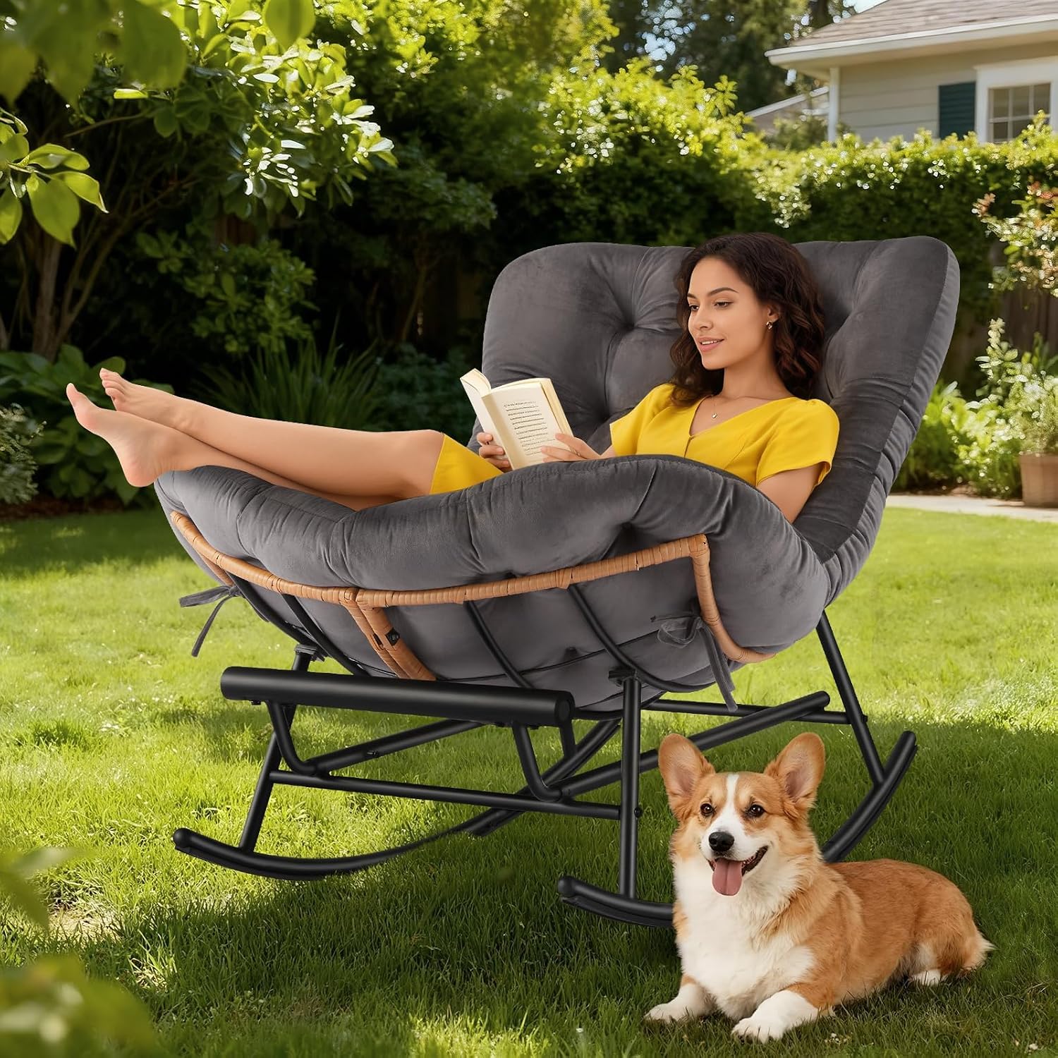 Takywep Rocking Chair - Oversized Outdoor Rocking Chairs with Footrest, Indoor Papasan Rocker Egg Chair for Bedroom, Living Room, Porch, Garden, Lawn (Dark Grey-Flannel)