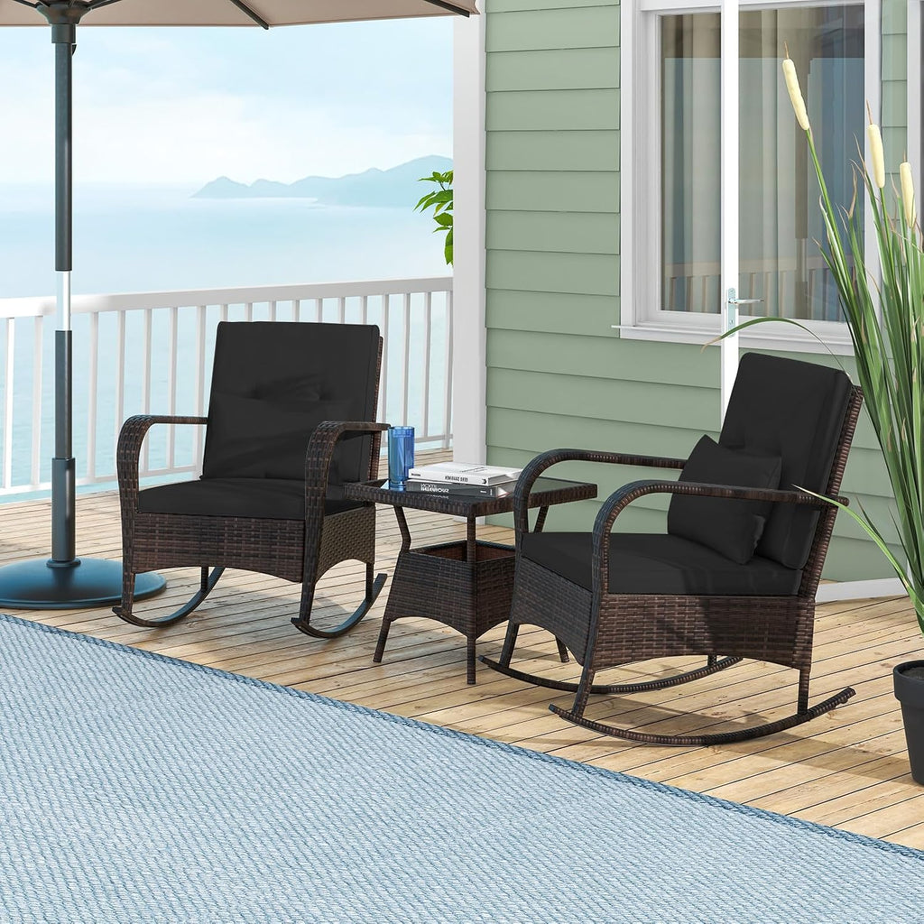 Tangkula 3 Pieces Rocking Bistro Set, Patiojoy Outdoor PE Rattan Rocker Chairs with Removable Cushions & Tempered Glass Top Coffee Table, Outdoor Wicker Furniture Set for Porch, Garden (Black)