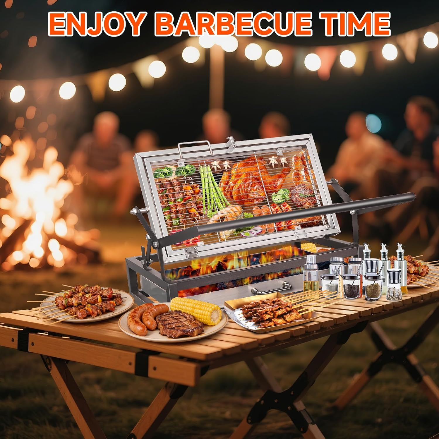 Tabletop Rotisserie Grill - Compact 360° Rotating Charcoal BBQ for Balcony & Camping, Detachable Ash Pan (KA-6166T)