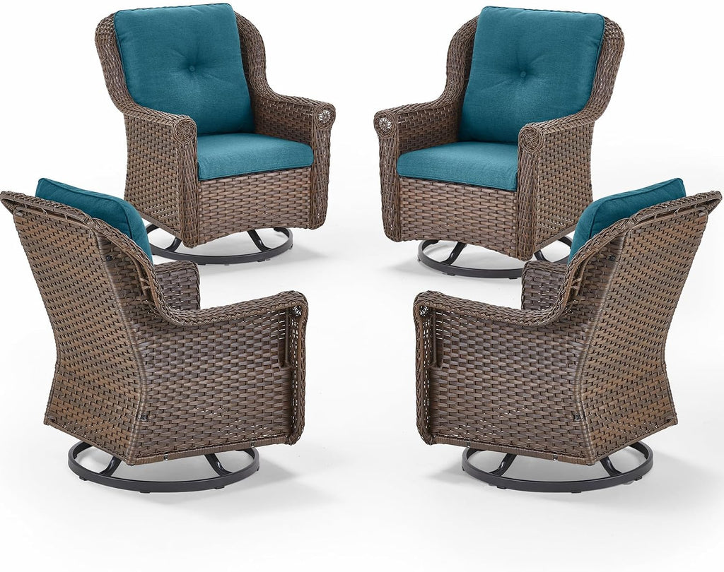 Patio Chairs Outdoor Swivel Glider - Set of 4 High Back Outside Brown Wicker Rattan Rocking Chair with Thick Cushion for Porch Apartment Deck Yard Poolside Garden - Peacock Blue