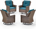 Patio Chairs Outdoor Swivel Glider - Set of 4 High Back Outside Brown Wicker Rattan Rocking Chair with Thick Cushion for Porch Apartment Deck Yard Poolside Garden - Peacock Blue