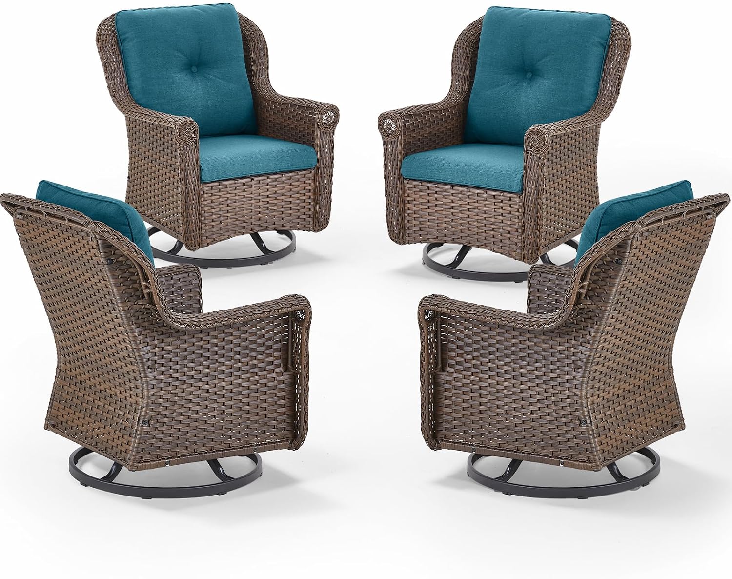Patio Chairs Outdoor Swivel Glider - Set of 4 High Back Outside Brown Wicker Rattan Rocking Chair with Thick Cushion for Porch Apartment Deck Yard Poolside Garden - Peacock Blue