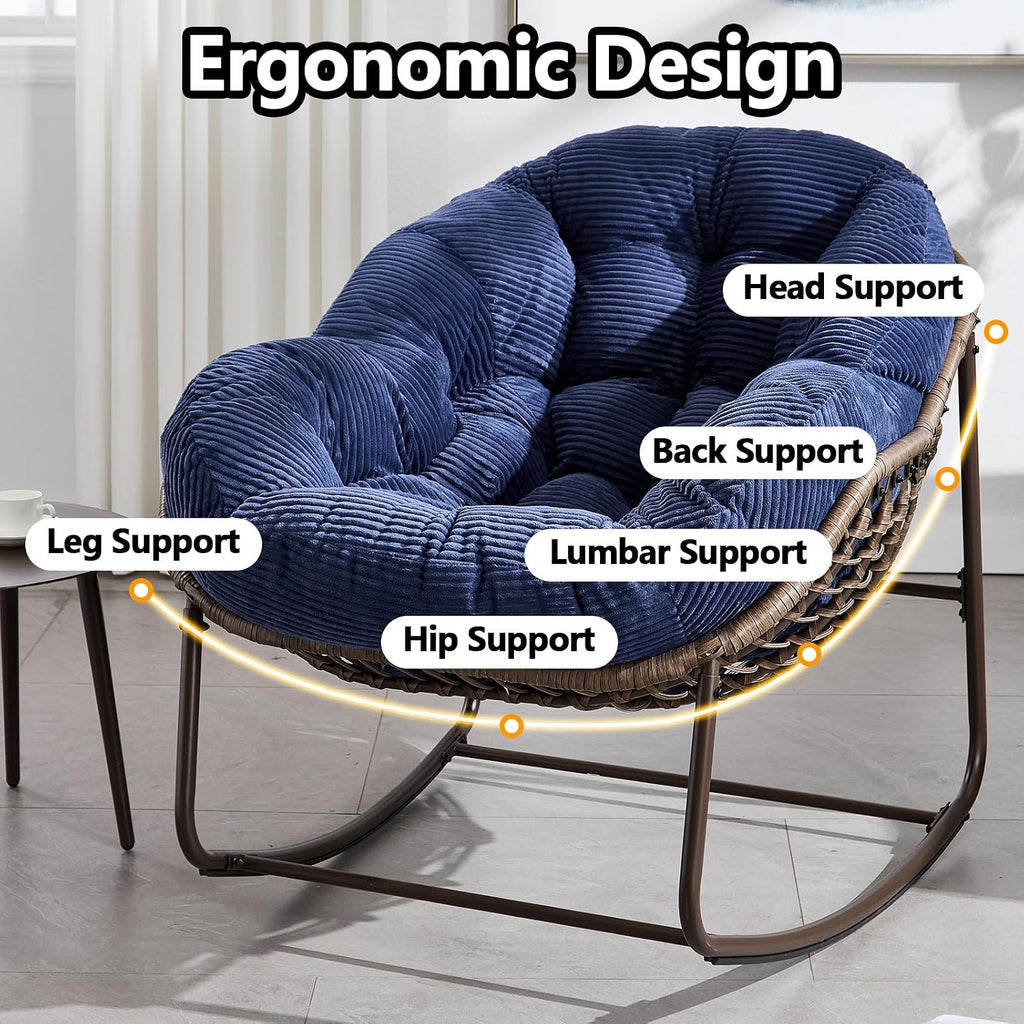 37' Papasan Rocking Chair with Cushion and Steel Frame, Oversized Outdoor Egg Rocking Chair, Rattan Circle Chairs for Grand Patio and Garden (Navy Blue+Curdoroy)