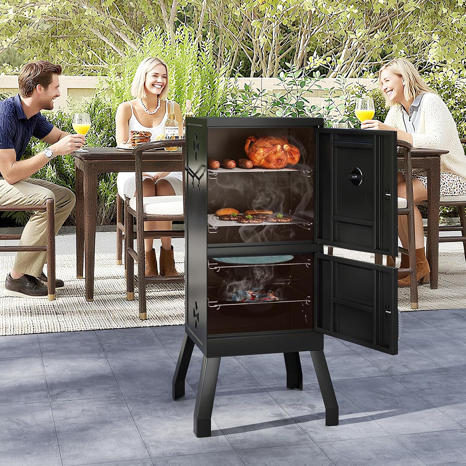 Happygrill Charcoal Grills, 40' Vertical BBQ Smoker Grill with Built-in Thermometer, Adjustable Air Dampers, Removable Water Pan & Grill Grates for Backyard Picnics, Party, Outdoor Camping