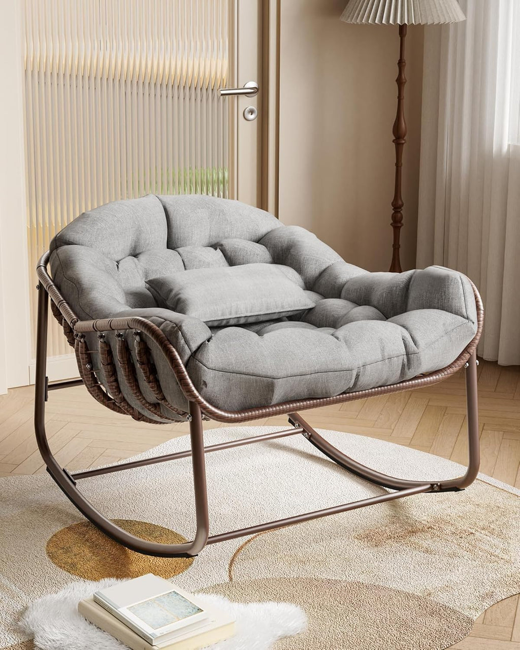 DEXSO Oversized Outdoor Papasan Rocking Chair - Metal Frame, Cushion & Wicker Rattan, for Balcony, Backyard, Porch, Bedroom (Grey)
