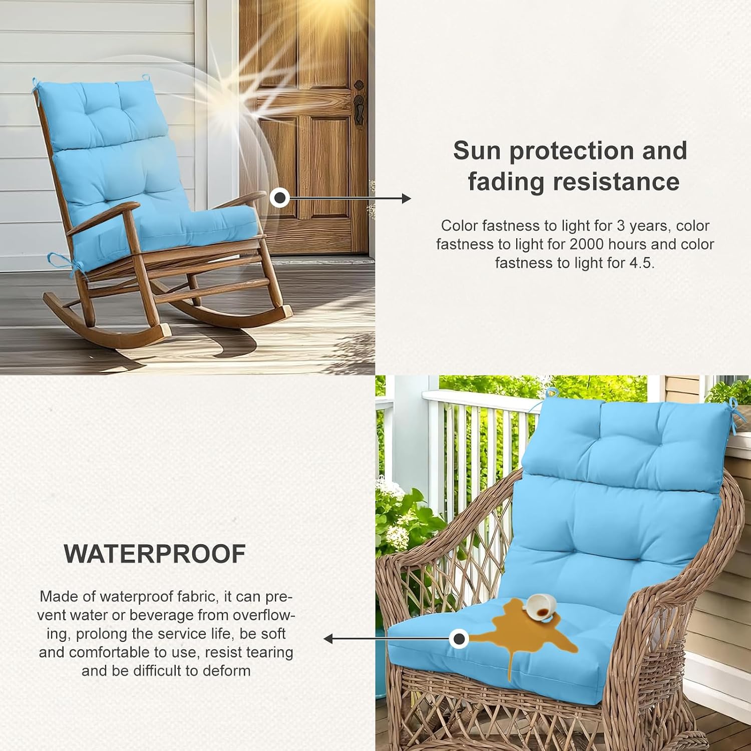 Outdoor High Back Chair Cushions 2-Pack, 44'x22'x 4' Fade-Resistant Waterproof Tufted Pads with Ties for Patio Rocking & Adirondack Chairs (Sky Blue)