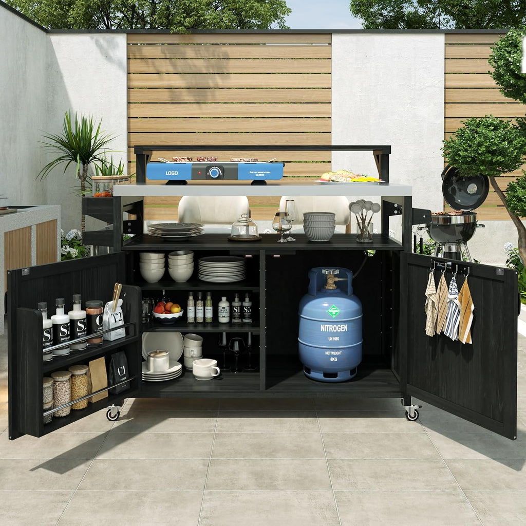 Unique 53.3' Outdoor Kitchen Island with Raised Shelf,Solid Wood Storage Cabinet with Stainless Steel Top,Rolling Grill Cart with Internal Storage Rack, Adjustable Shelf, Spice Rack (Black#e)