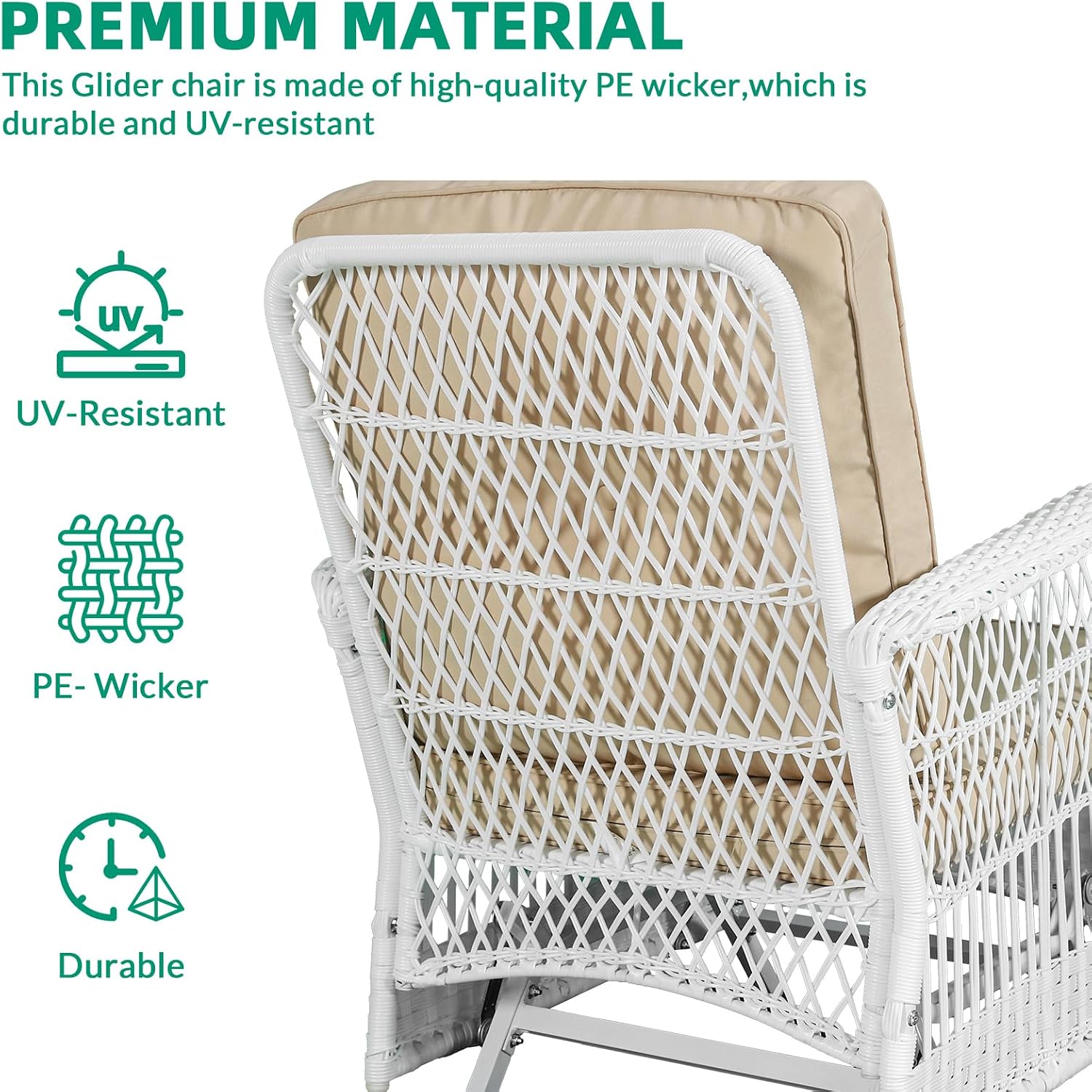 VIVIJASON 4-Piece Outdoor Patio White Wicker Conversation Sets, All Weather Rattan Furniture Set Includes Glider Loveseat, Coffee Table, 2 Glider Rocker Chairs w/Cushion for Lawn Balcony, Beige